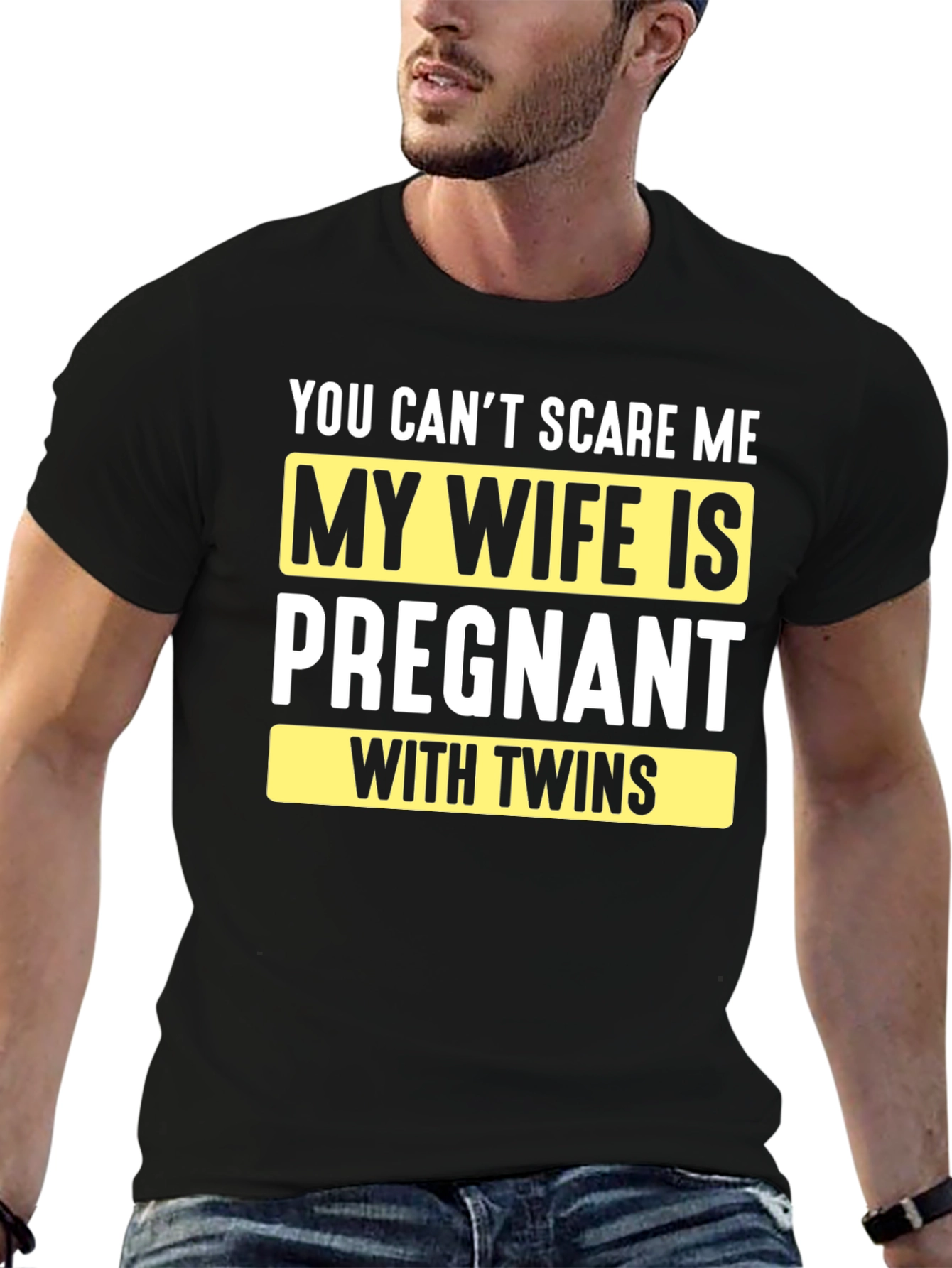 Black Funny Pregnancy T-Shirt: You Can't Scare Me - Twins! view 6