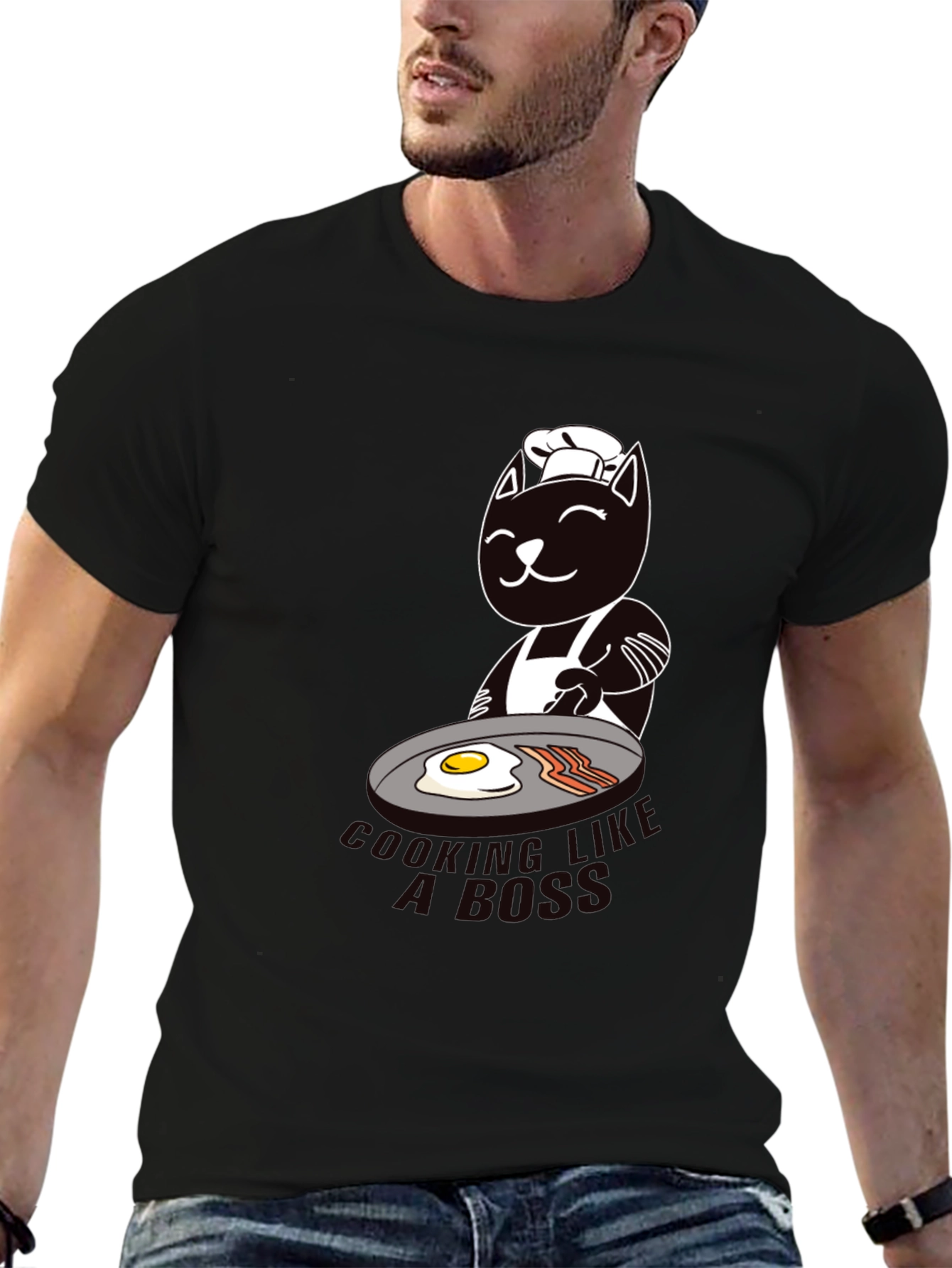 Black Chef Cat Cooking Breakfast Graphic T-Shirt view 6