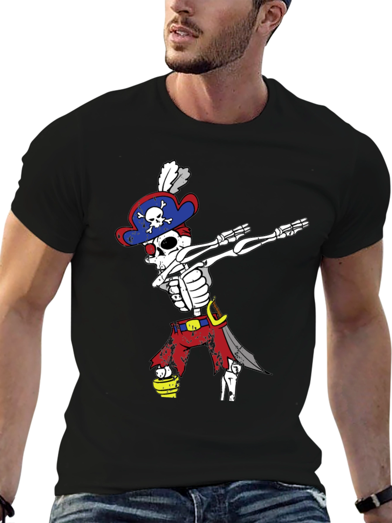 Black Dabbing Pirate Skeleton T-Shirt - Men's Black Tee view 6