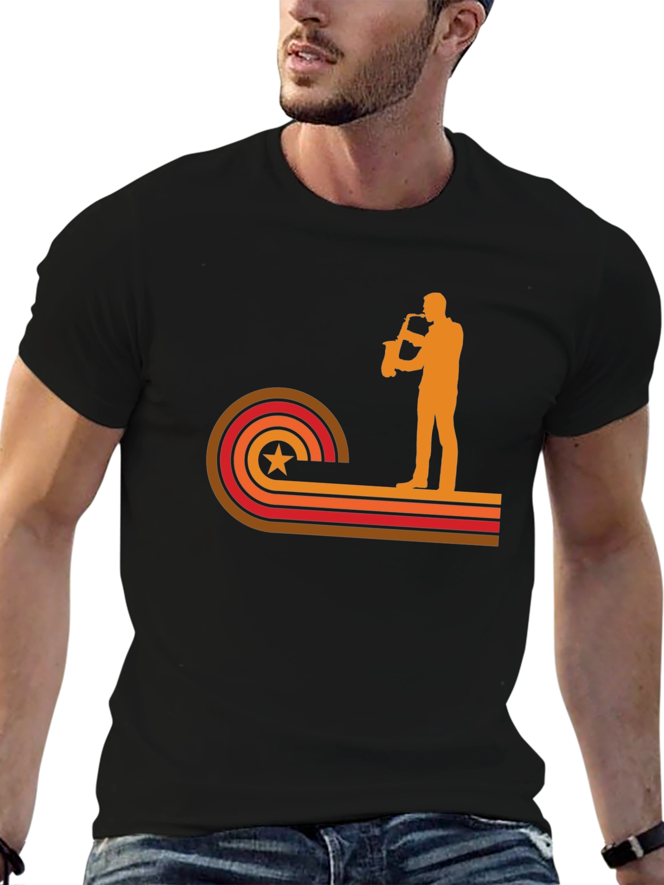 Black Retro Saxophone Player Graphic T-Shirt view 6