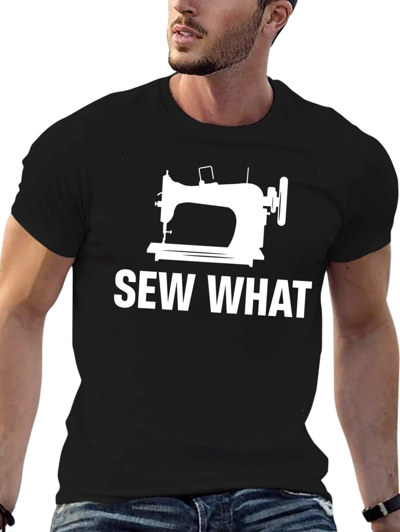 Black Sew What? Funny Sewing Machine T-Shirt view 6