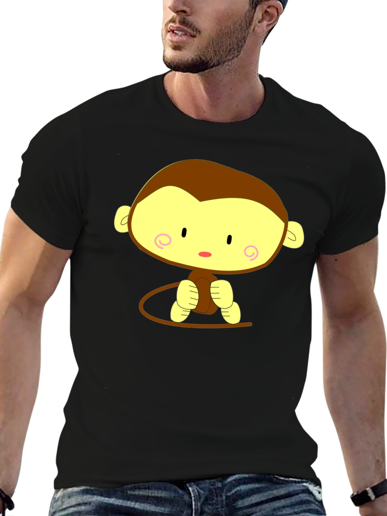 Black Cute Cartoon Monkey Graphic Tee - Unisex Black T-Shirt view 6
