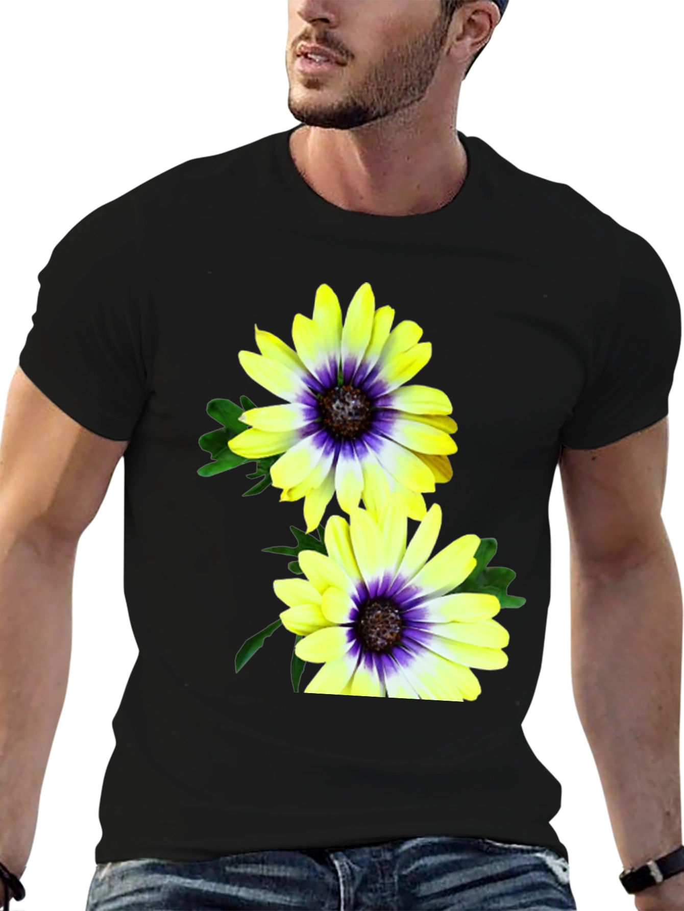 Black Floral T-Shirt: Yellow & Purple Daisy Print view 6
