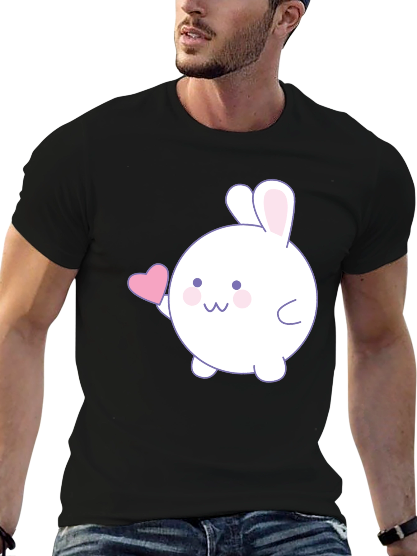 Black Cute Bunny Heart Graphic Black T-Shirt view 6