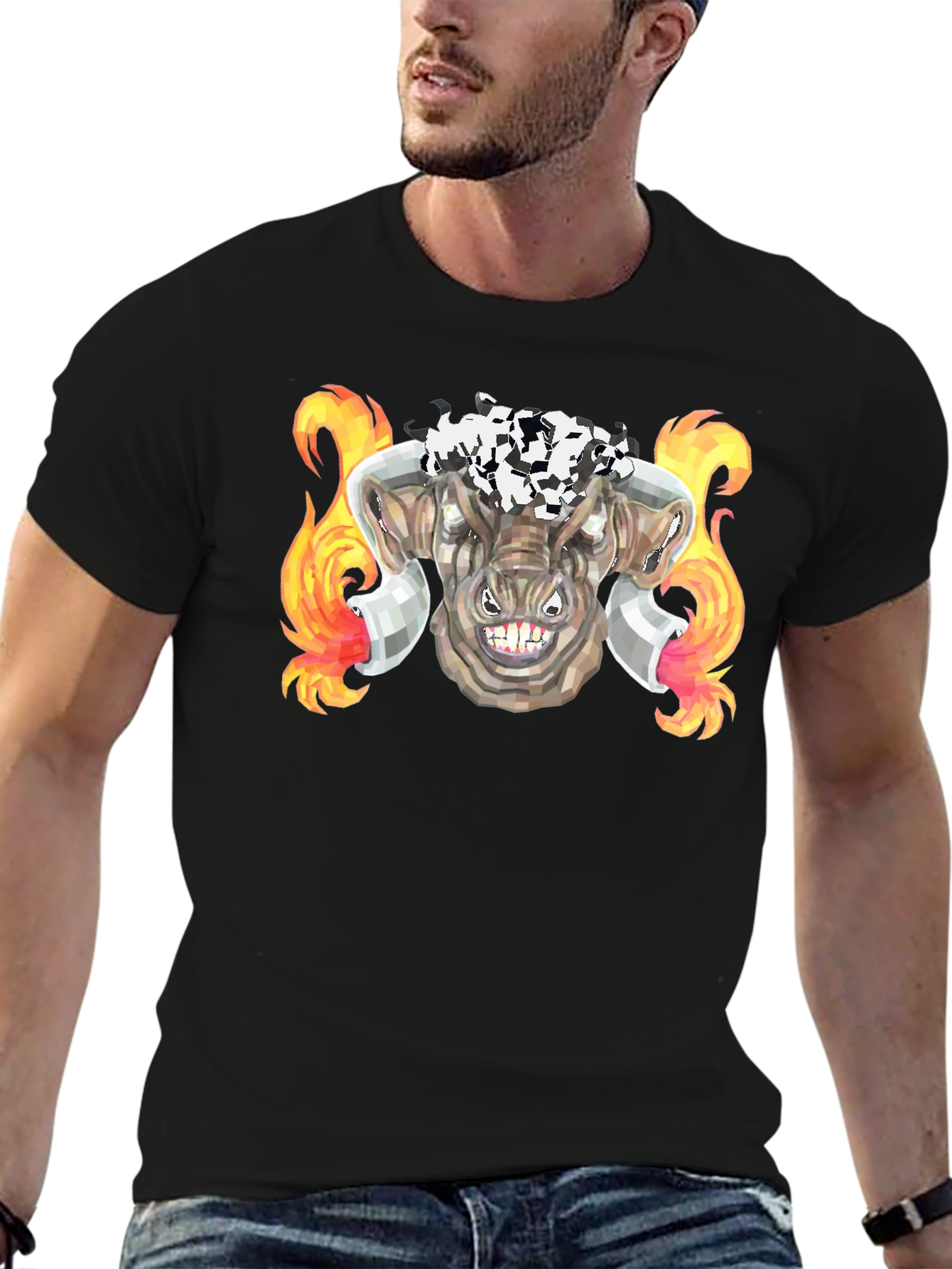 Black Fiery Bull Graphic Tee - Black Cotton T-Shirt view 6
