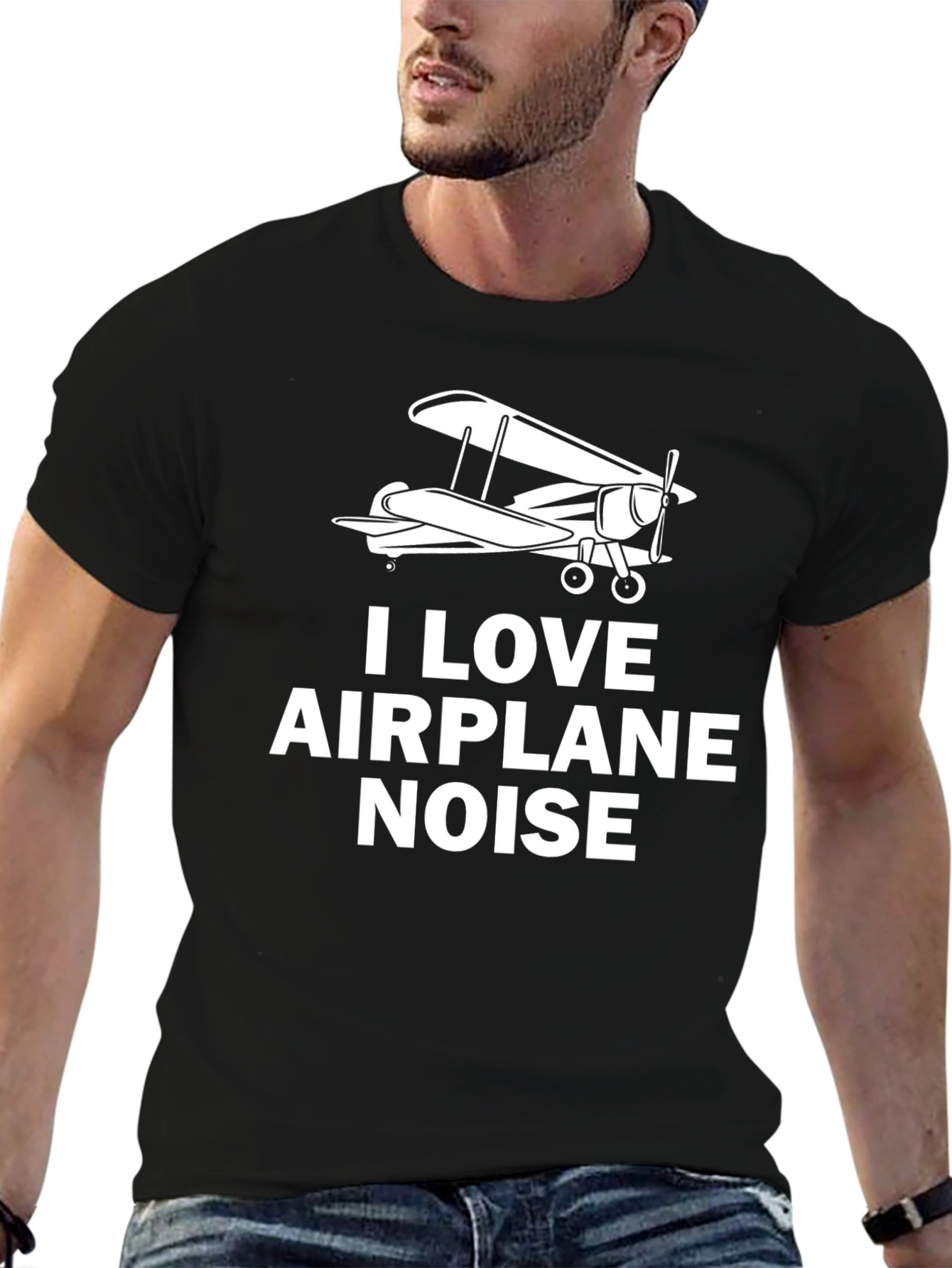 Black I Love Airplane Noise Black T-Shirt view 6