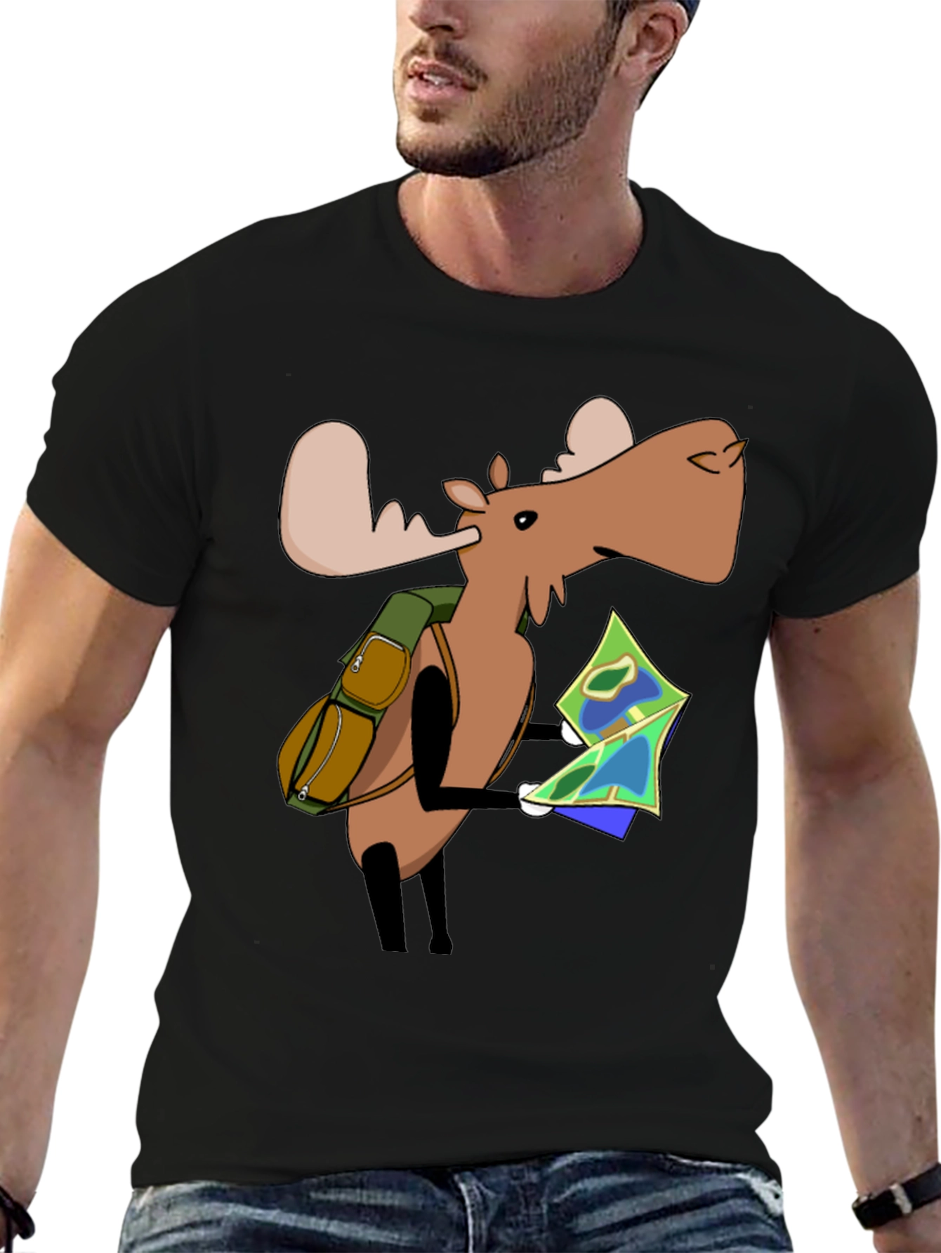 Black Cartoon Moose with Map T-Shirt - Black view 6