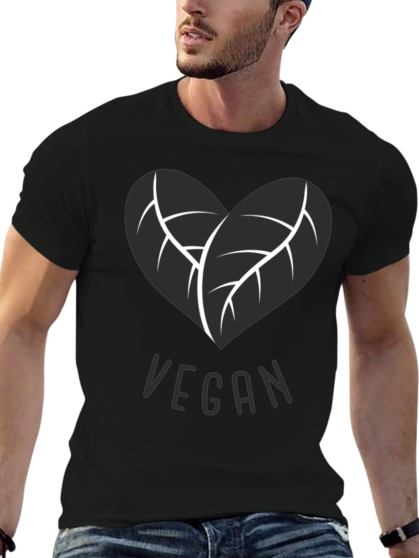 Black Vegan Heart Leaf T-Shirt - Black view 6