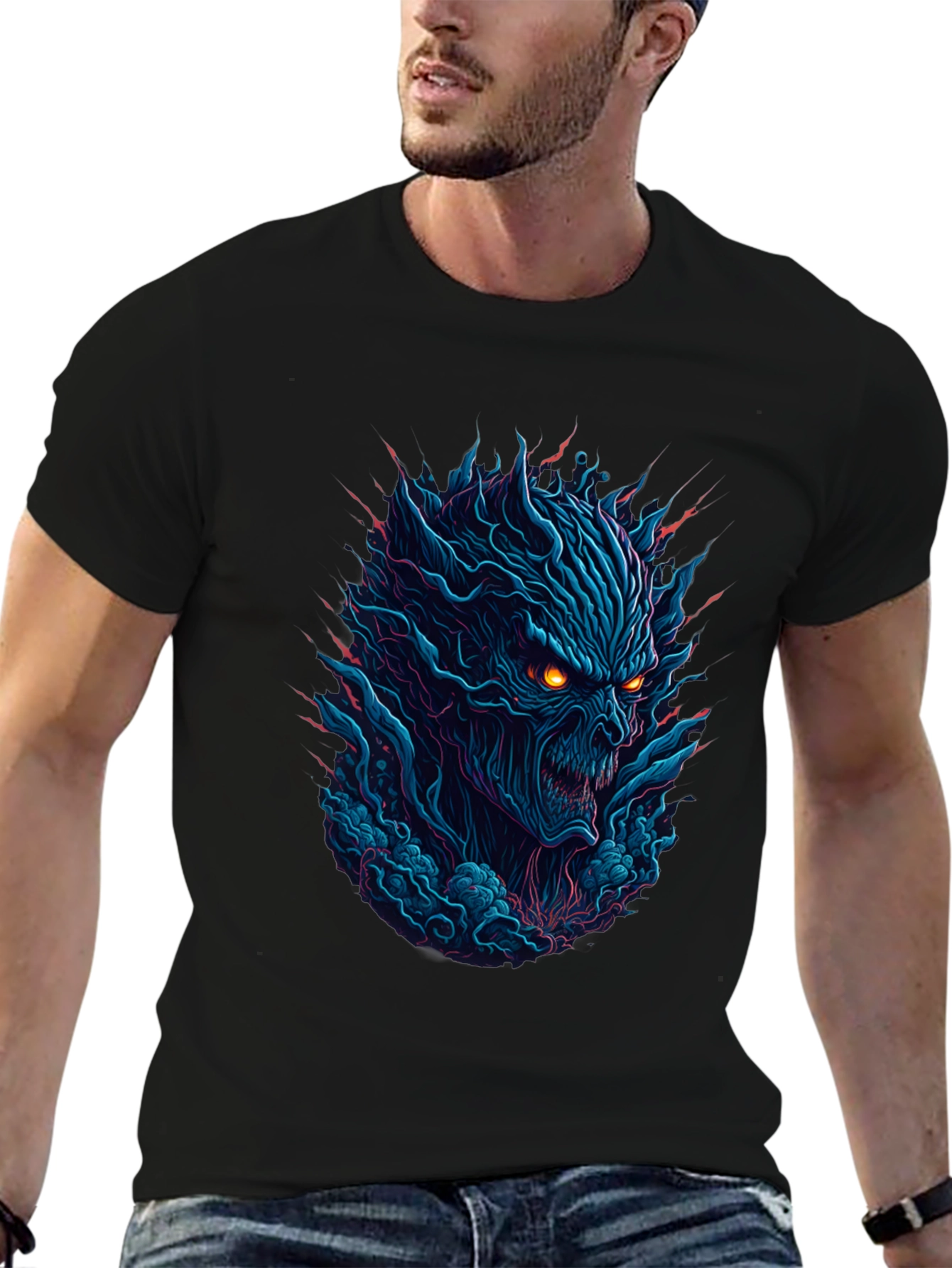 Black Men's Black T-Shirt with Fiery Monster Graphic view 6