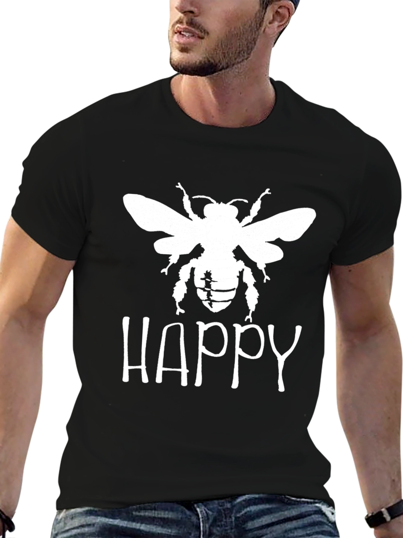 Black Happy Bee Graphic T-Shirt - Black Cotton Tee view 6