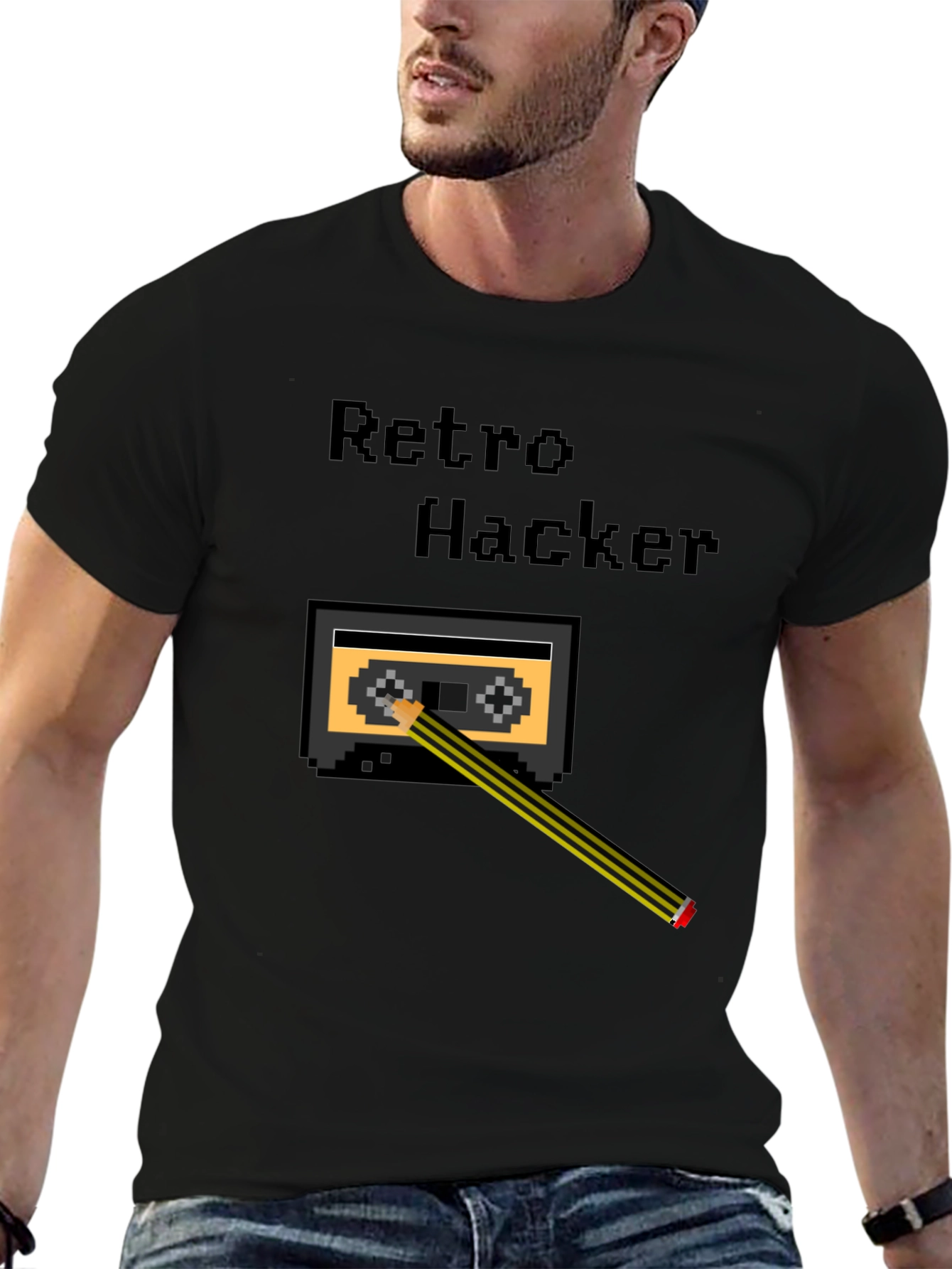 Black Retro Hacker Pixel Art T-Shirt - Cassette and Pencil Design view 6
