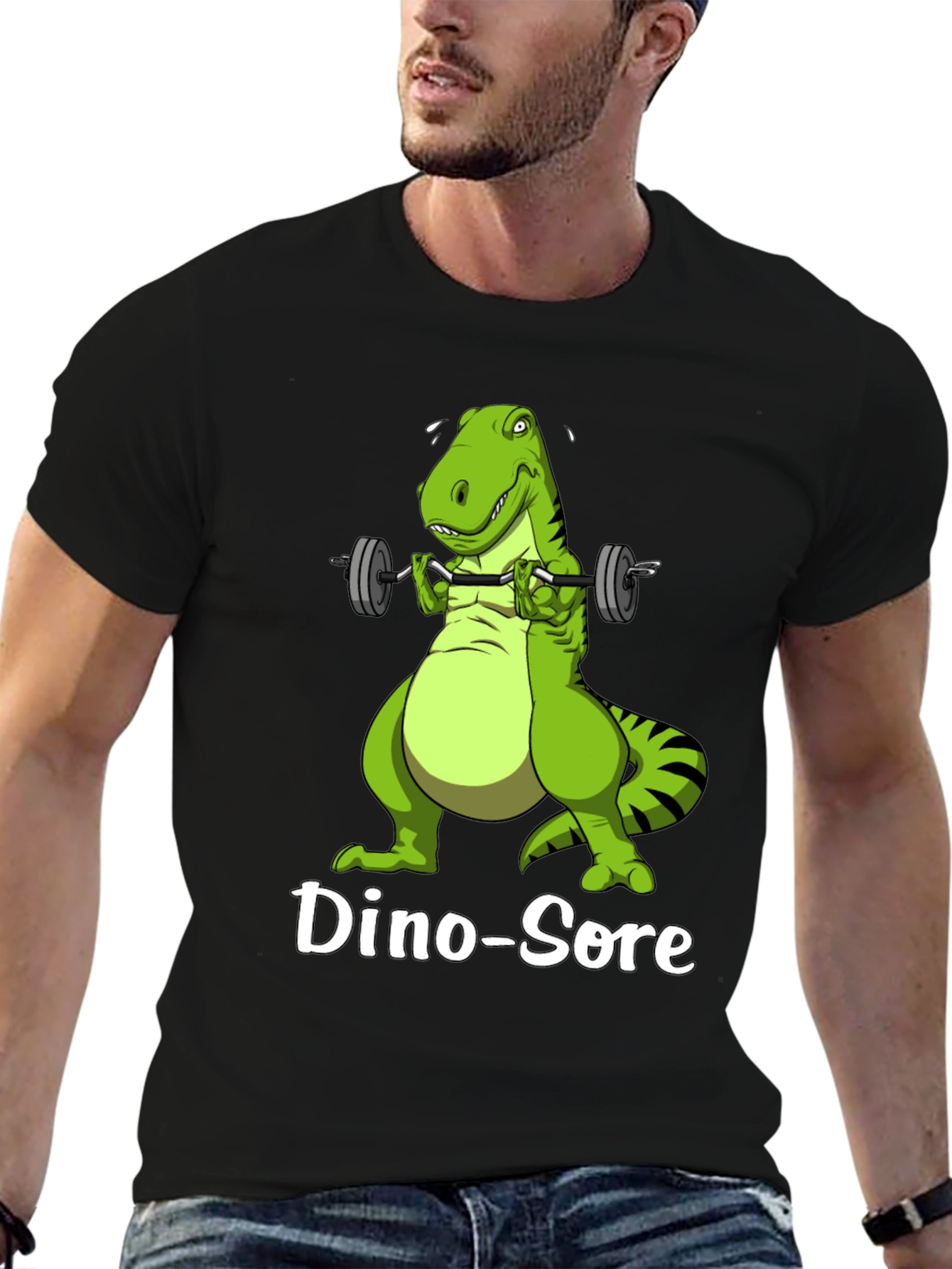 Black Dino-Sore T-Shirt: Funny Gym Dinosaur Workout Tee view 6