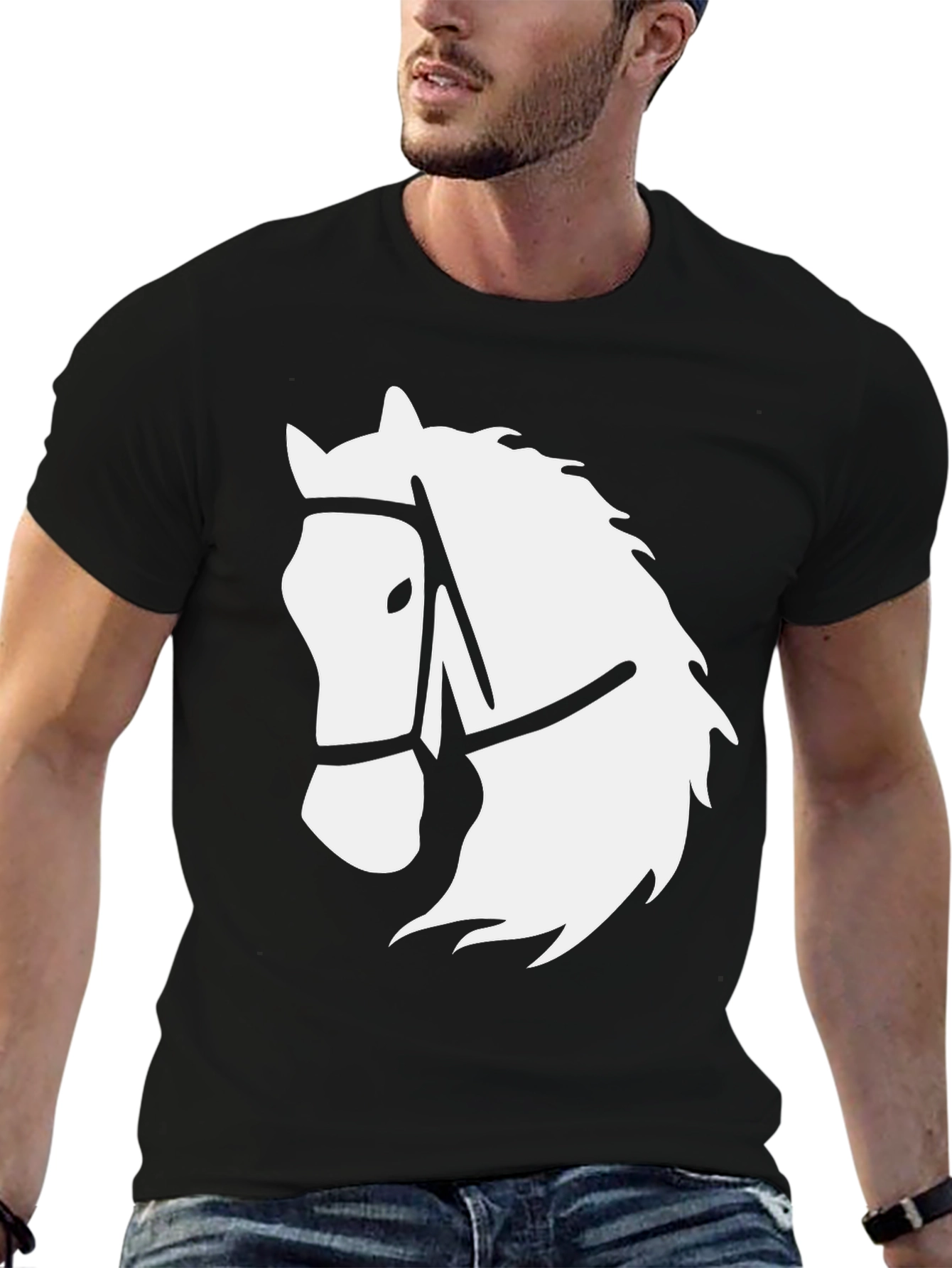 Black Black T-Shirt with White Horse Head Graphic view 6