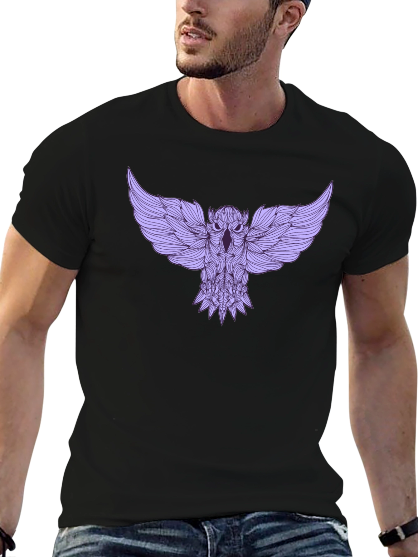 Black Stylish Black Tee with Abstract Owl Design view 6