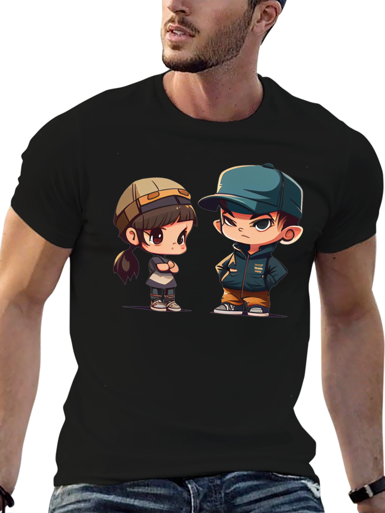 Black Cute Cartoon Couple Graphic T-Shirt view 6