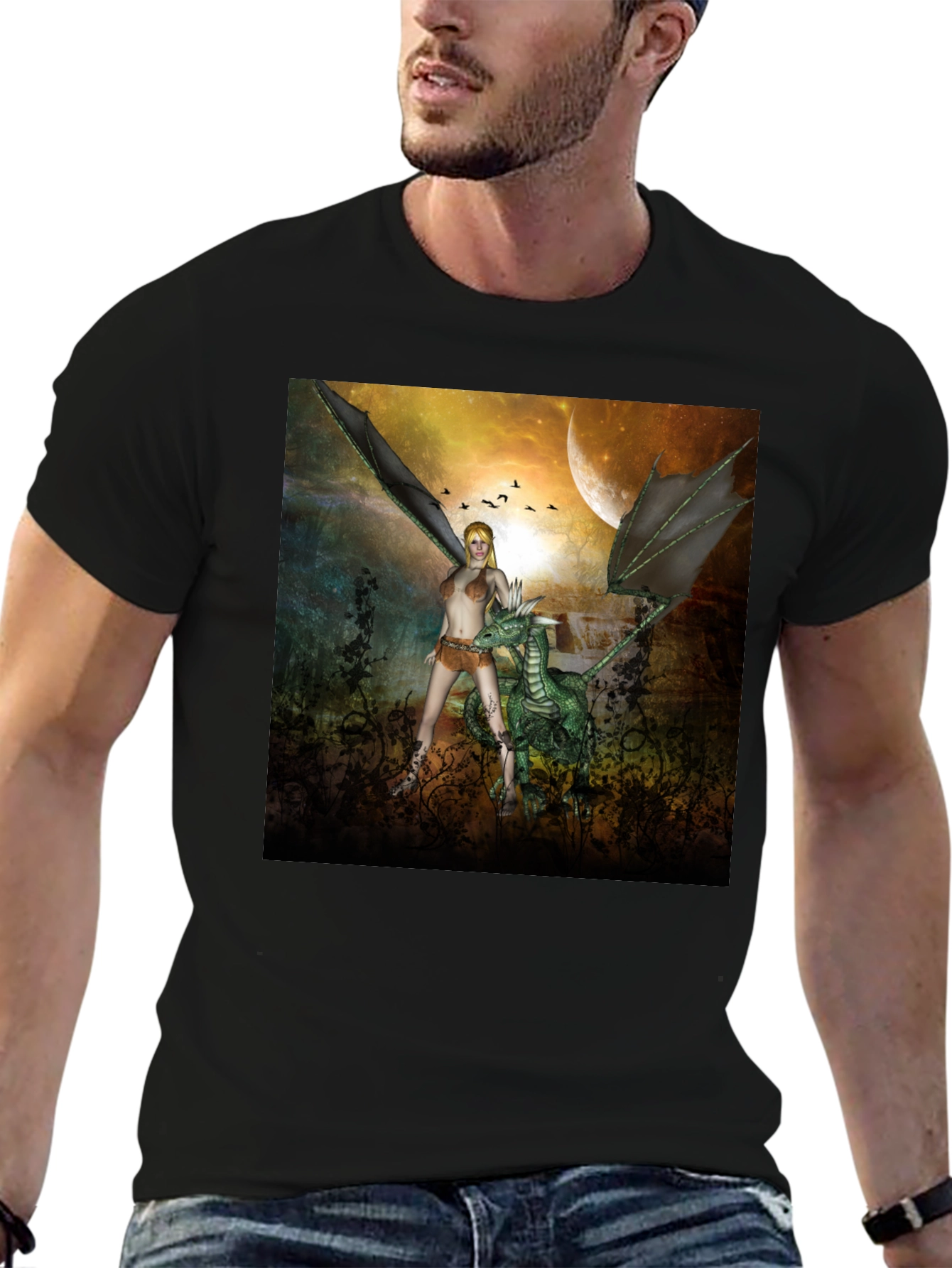 Black Fantasy Dragon & Warrior Graphic Tee view 6