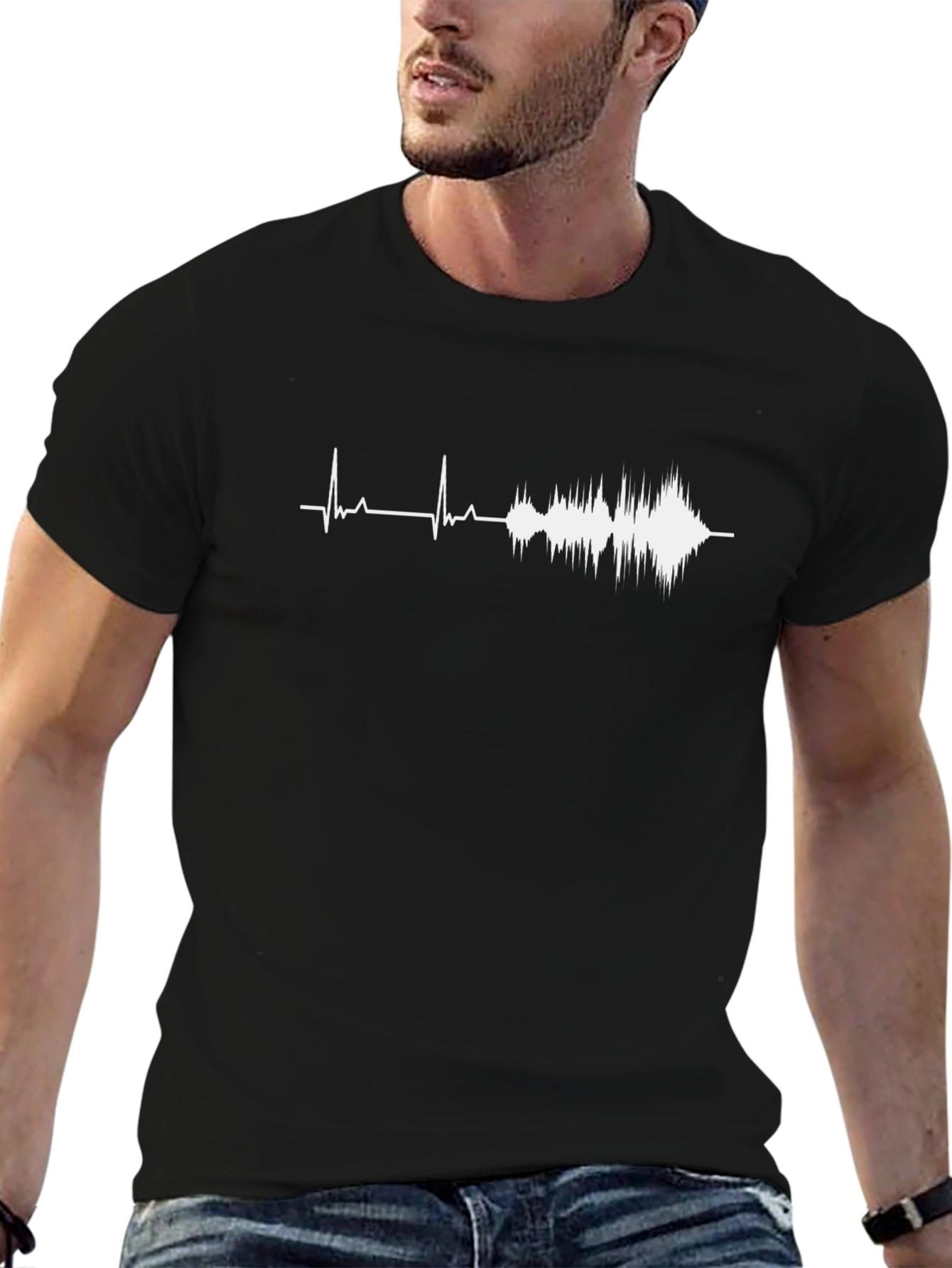 Black Sound Wave Graphic Tee - Black Crew Neck T-Shirt view 6