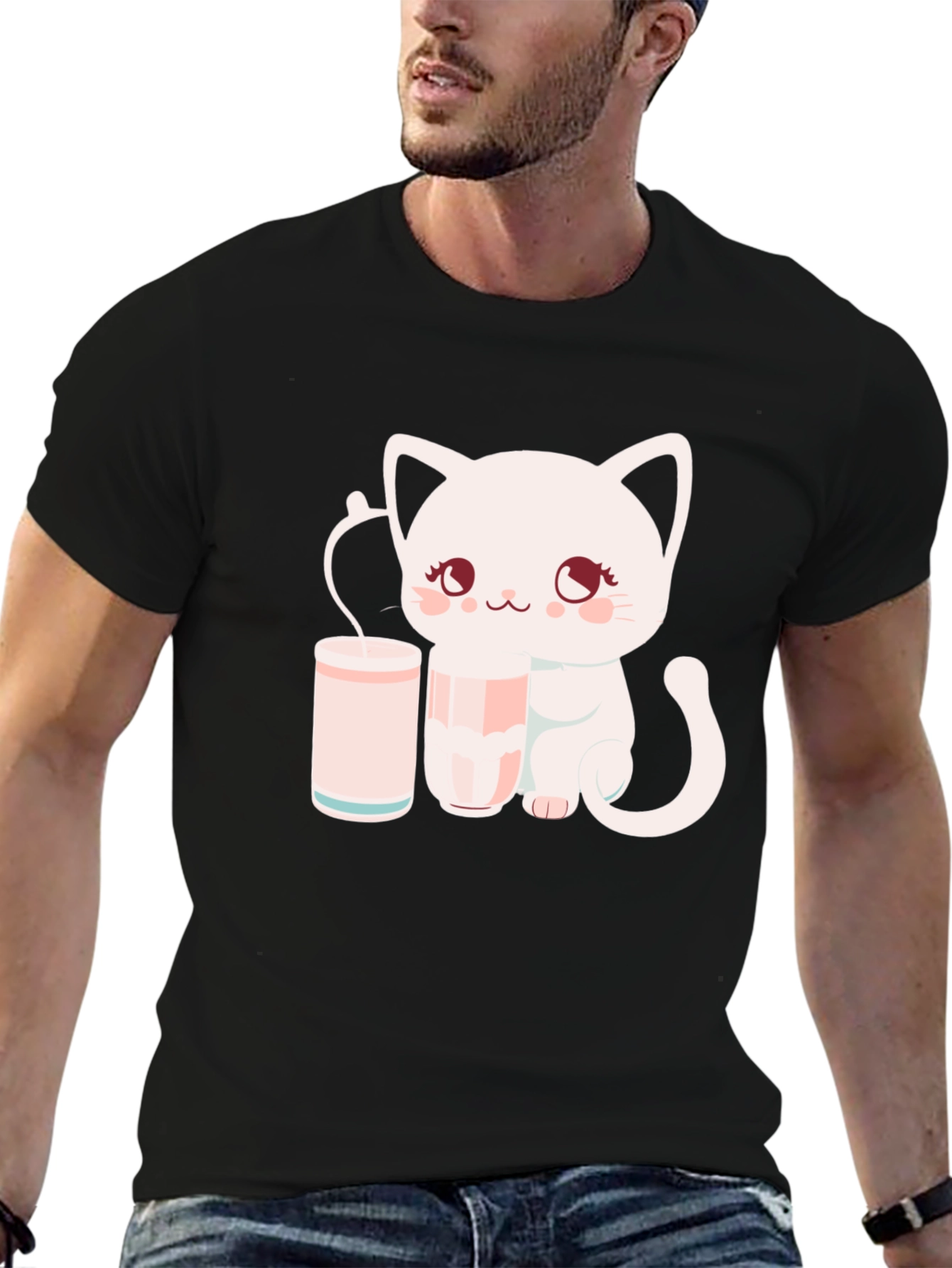Black Cute Kitten with Milk T-Shirt view 6