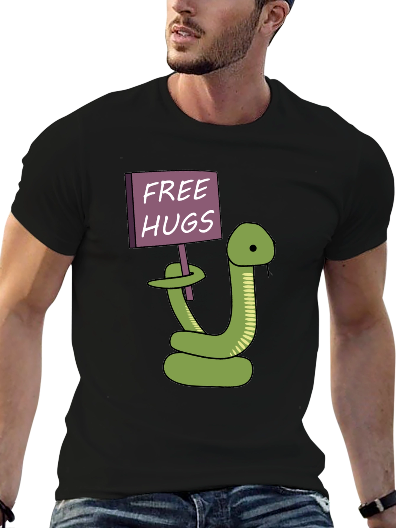 Black Free Hugs Snake T-Shirt - Funny Cartoon Graphic Tee view 6