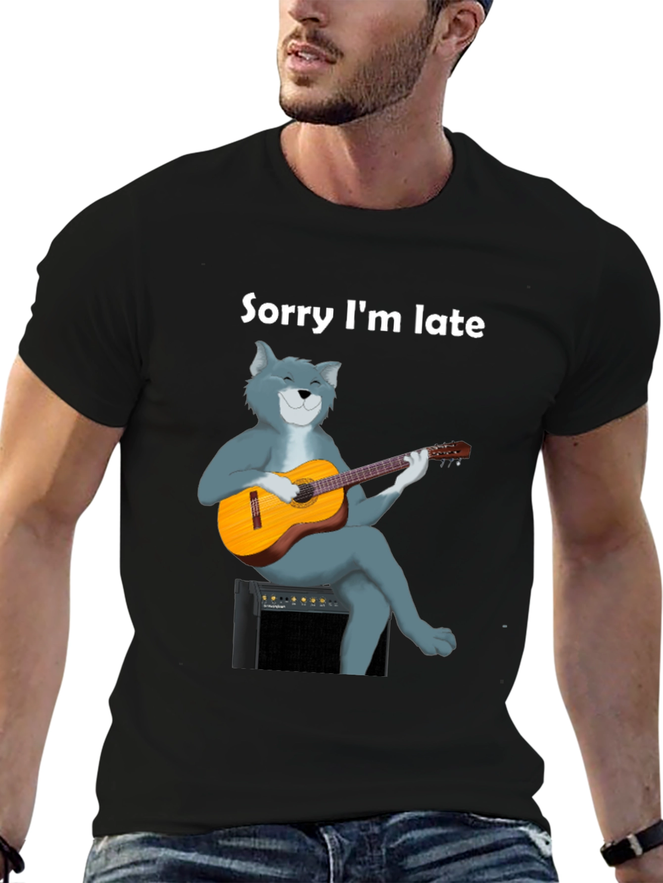 Black Sorry I'm Late Cat Guitar T-Shirt view 6