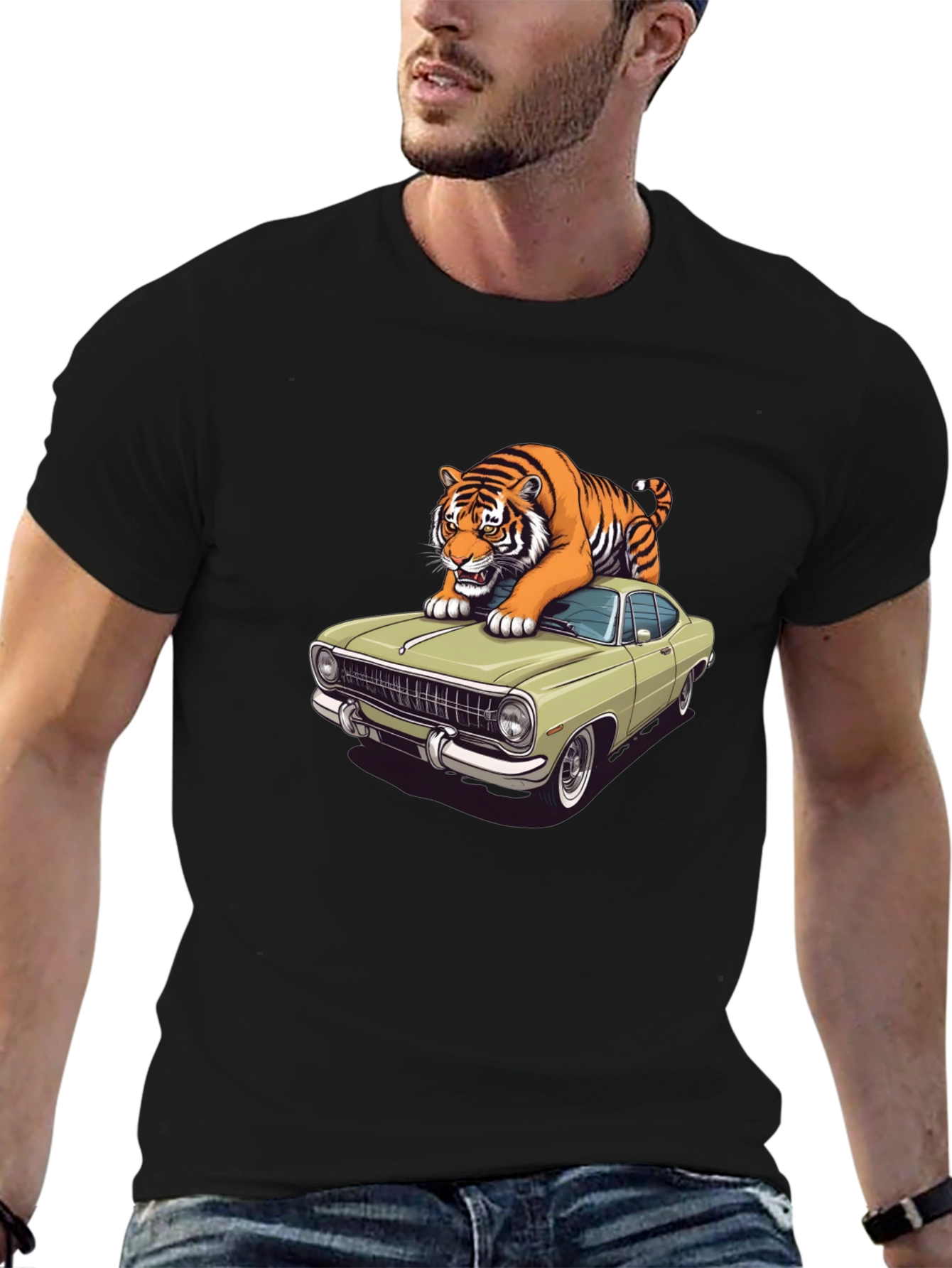 Black Tiger on Car Graphic T-Shirt - Cool Animal Tee view 6