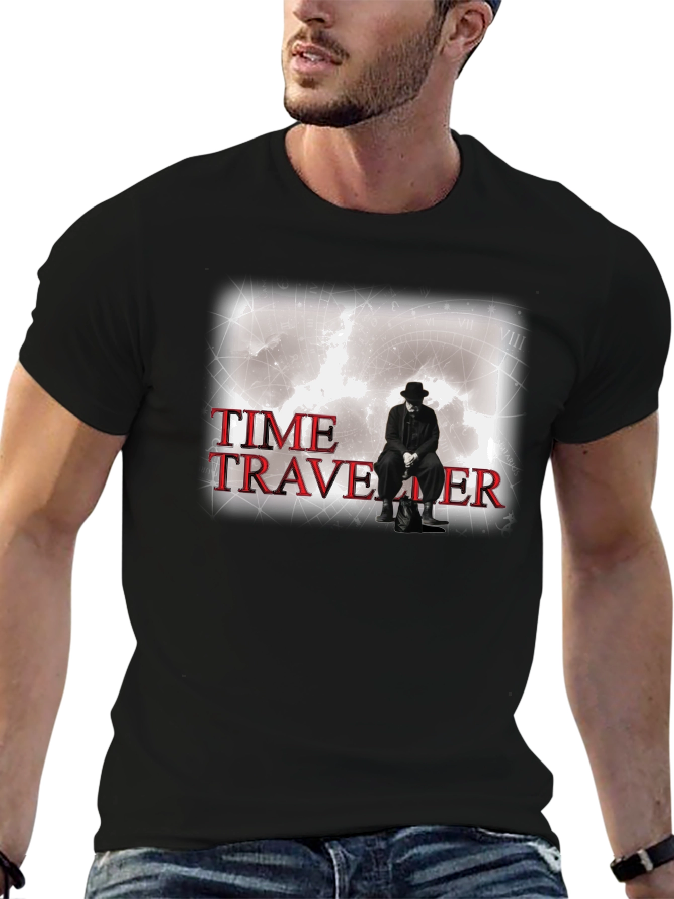 Black Time Traveler Graphic Tee - Black Cotton T-Shirt view 6