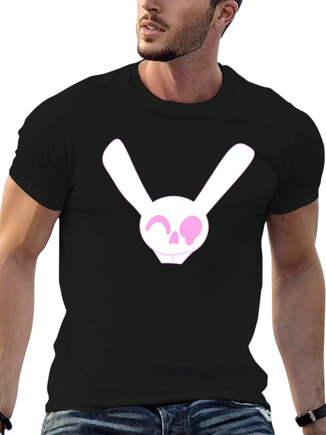 Black Skull Bunny Graphic Tee - Men's Black Cotton T-Shirt view 6