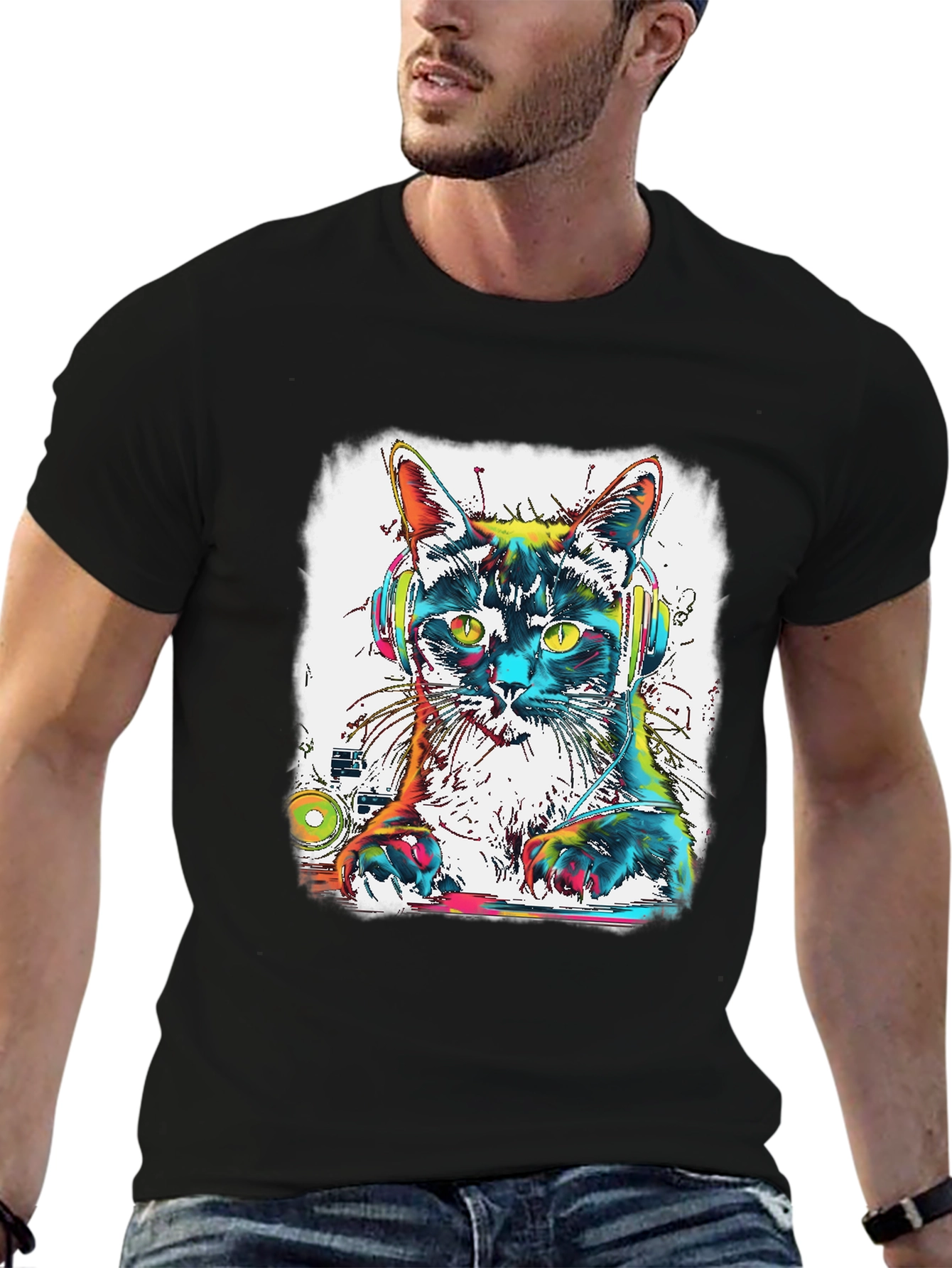 Black DJ Cat T-Shirt - Colorful Graphic Tee view 6