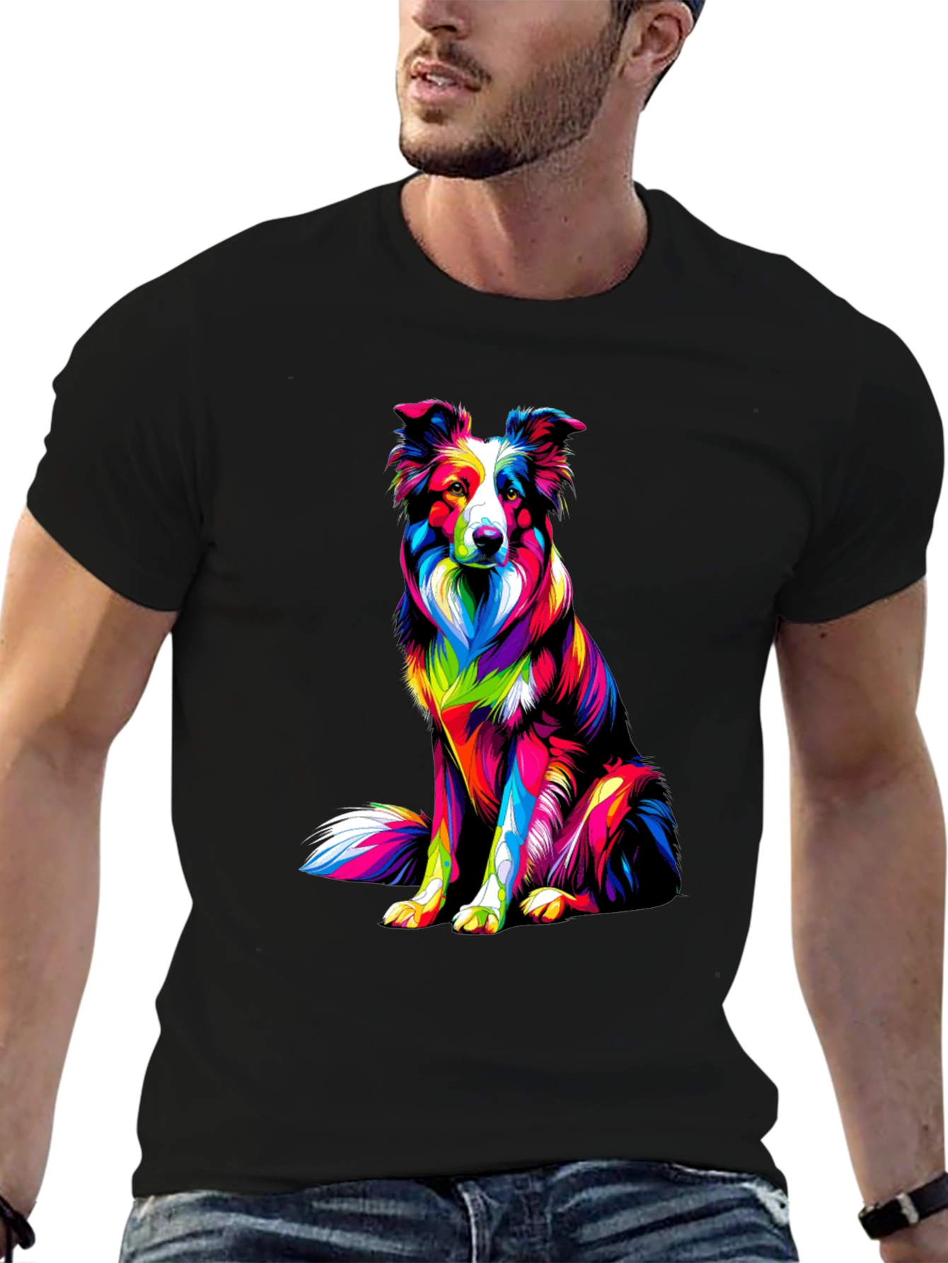 Black Colorful Dog Graphic Tee - Border Collie T-Shirt view 6