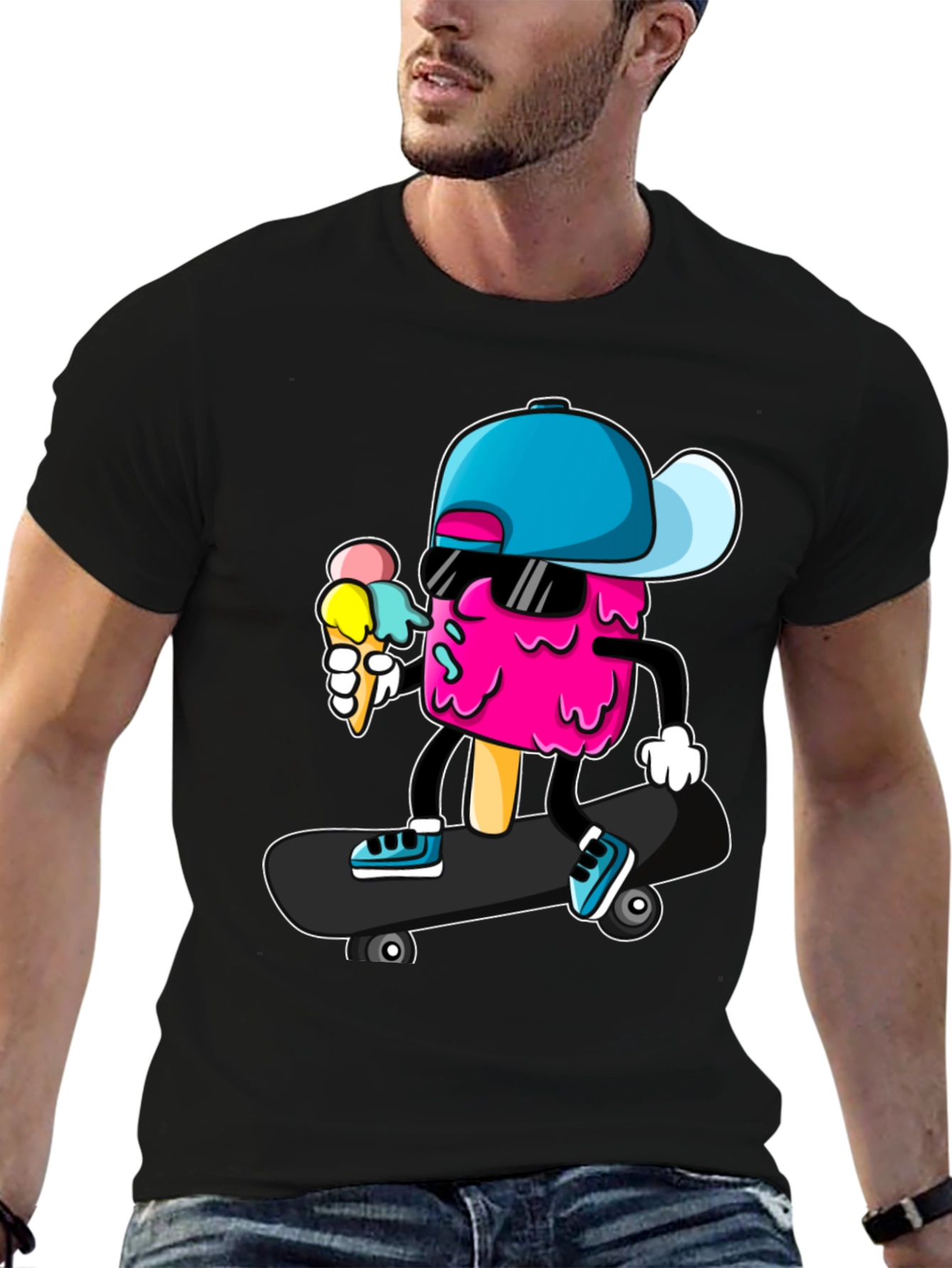 Black Cool Ice Cream Skateboarder Graphic Tee view 6