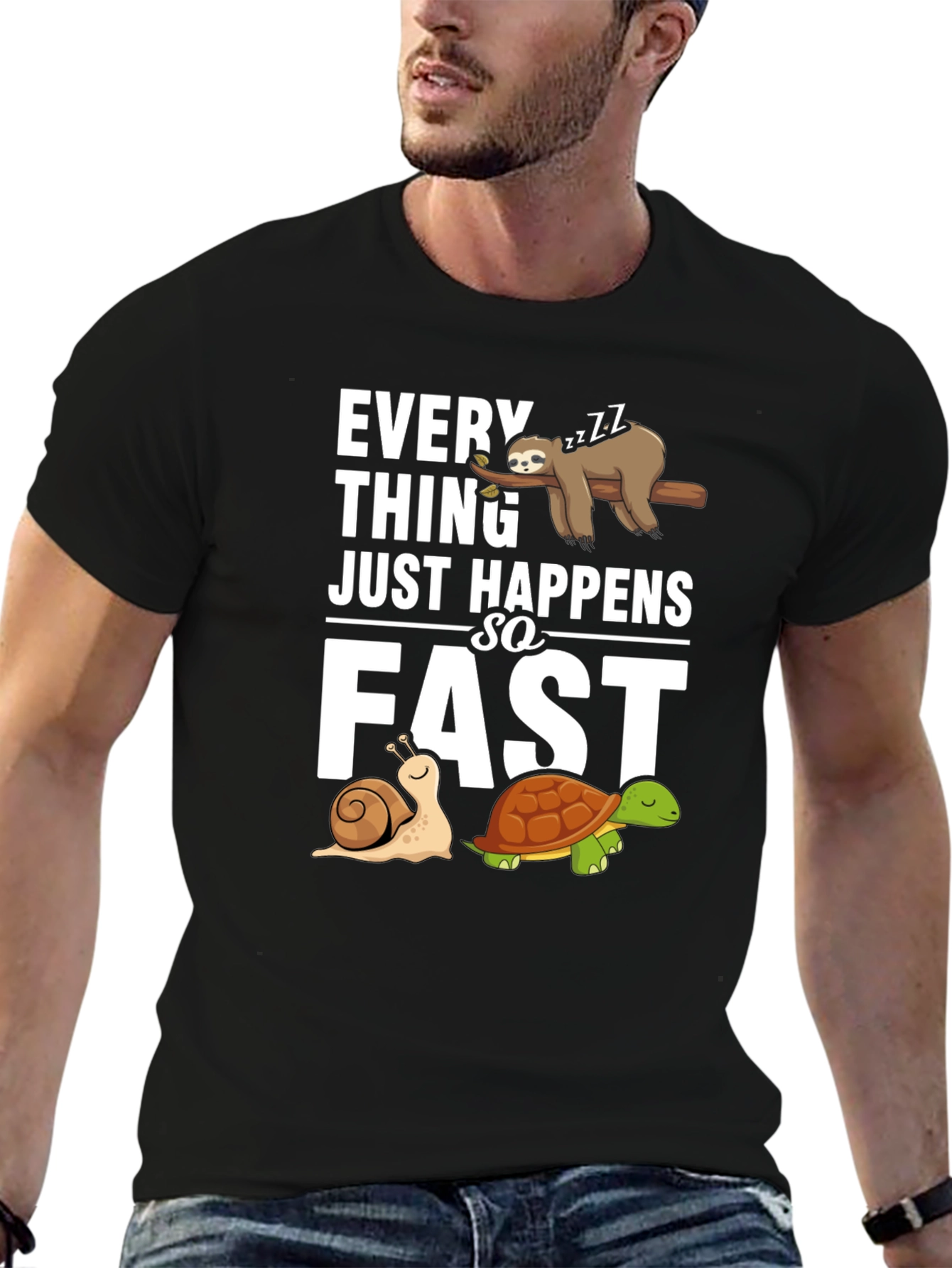 Black Funny Sloth, Snail, and Turtle Graphic T-Shirt view 6