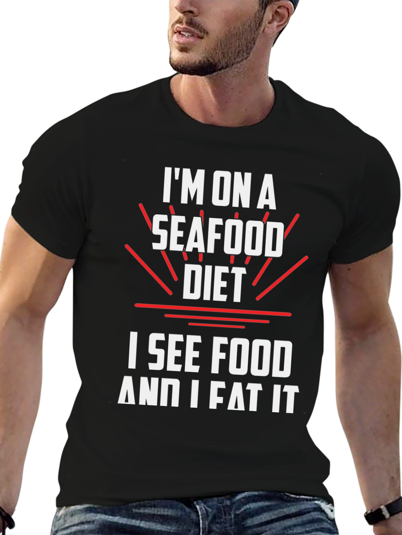 Black Seafood Diet T-Shirt: I See Food and I Eat It Tee view 6