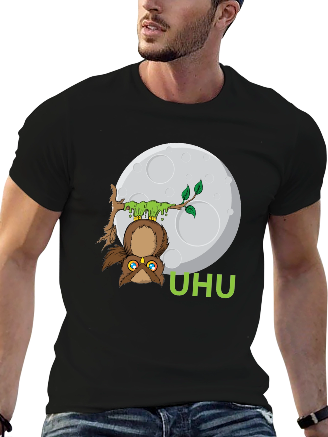 Black UHU Owl T-Shirt - Moonlit Design view 6