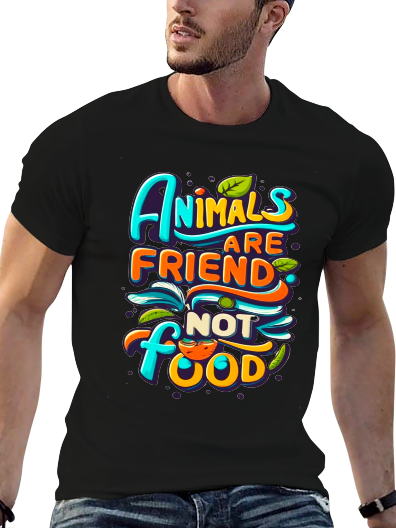Black Vegan T-Shirt: Animals are Friends, Not Food! view 6