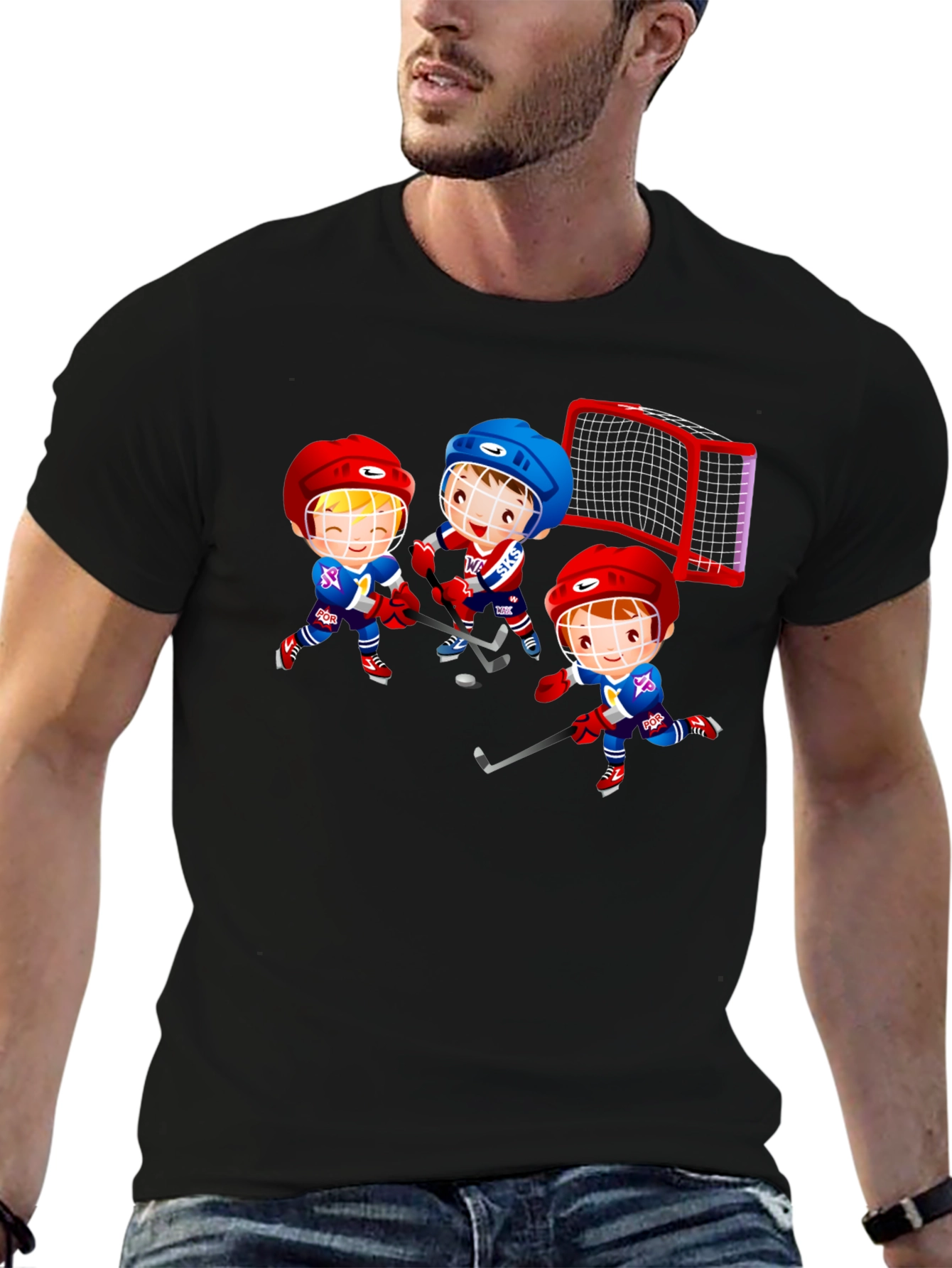 Black Hockey Cartoon Graphic T-Shirt - Fun Sports Tee view 6