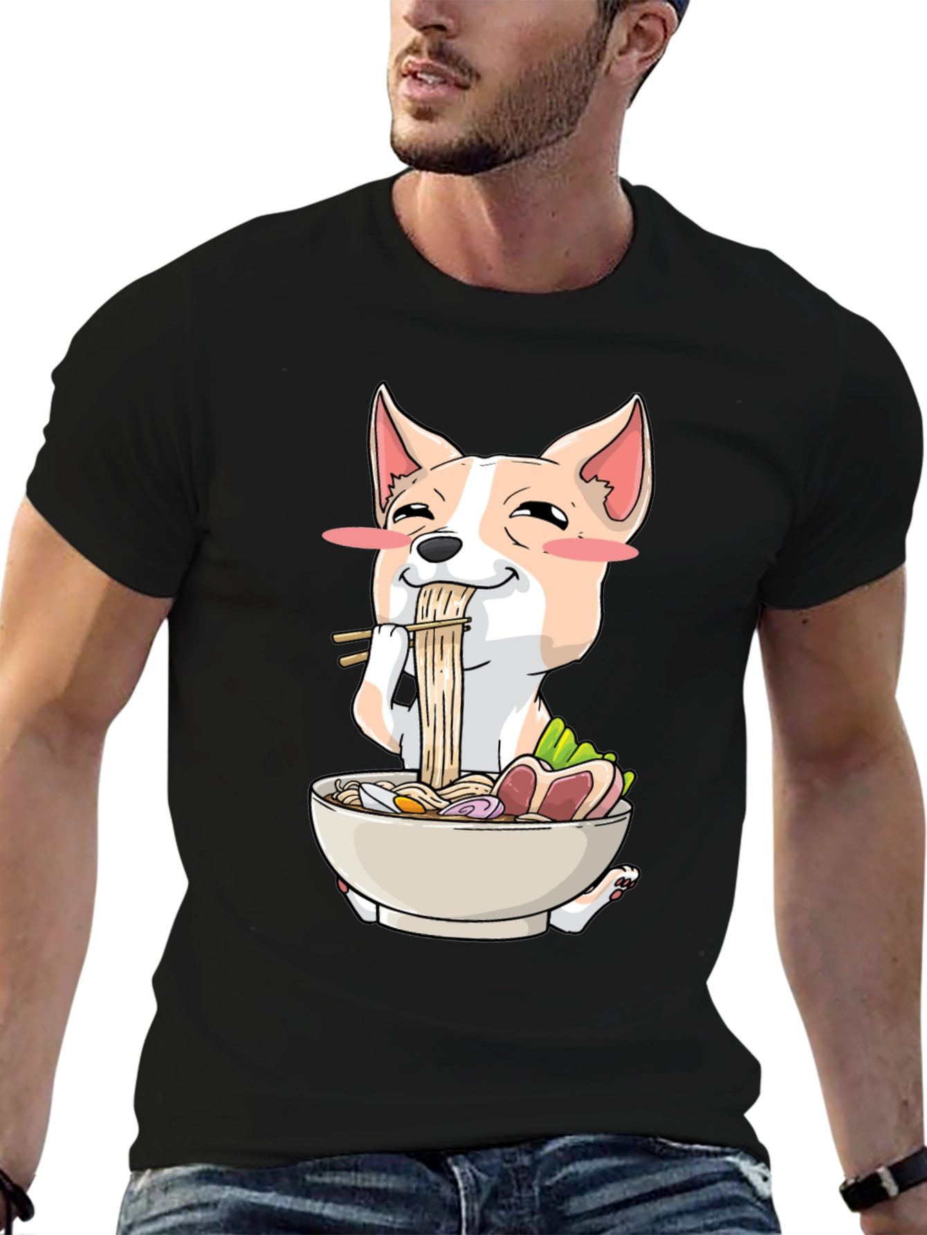 Black Cute Dog Eating Ramen Graphic T-Shirt view 6
