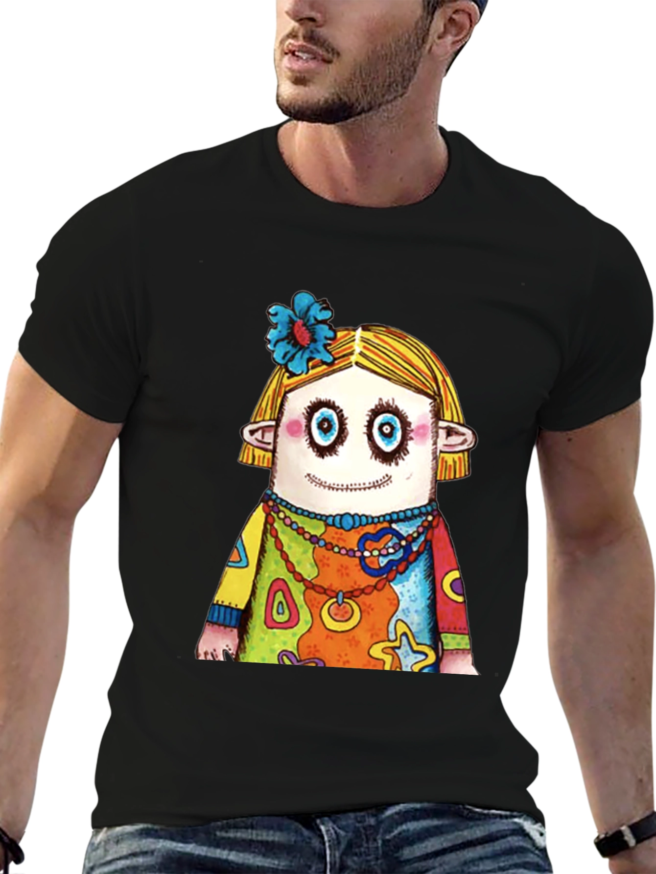 Black Quirky Cartoon Character Graphic Black T-Shirt view 6
