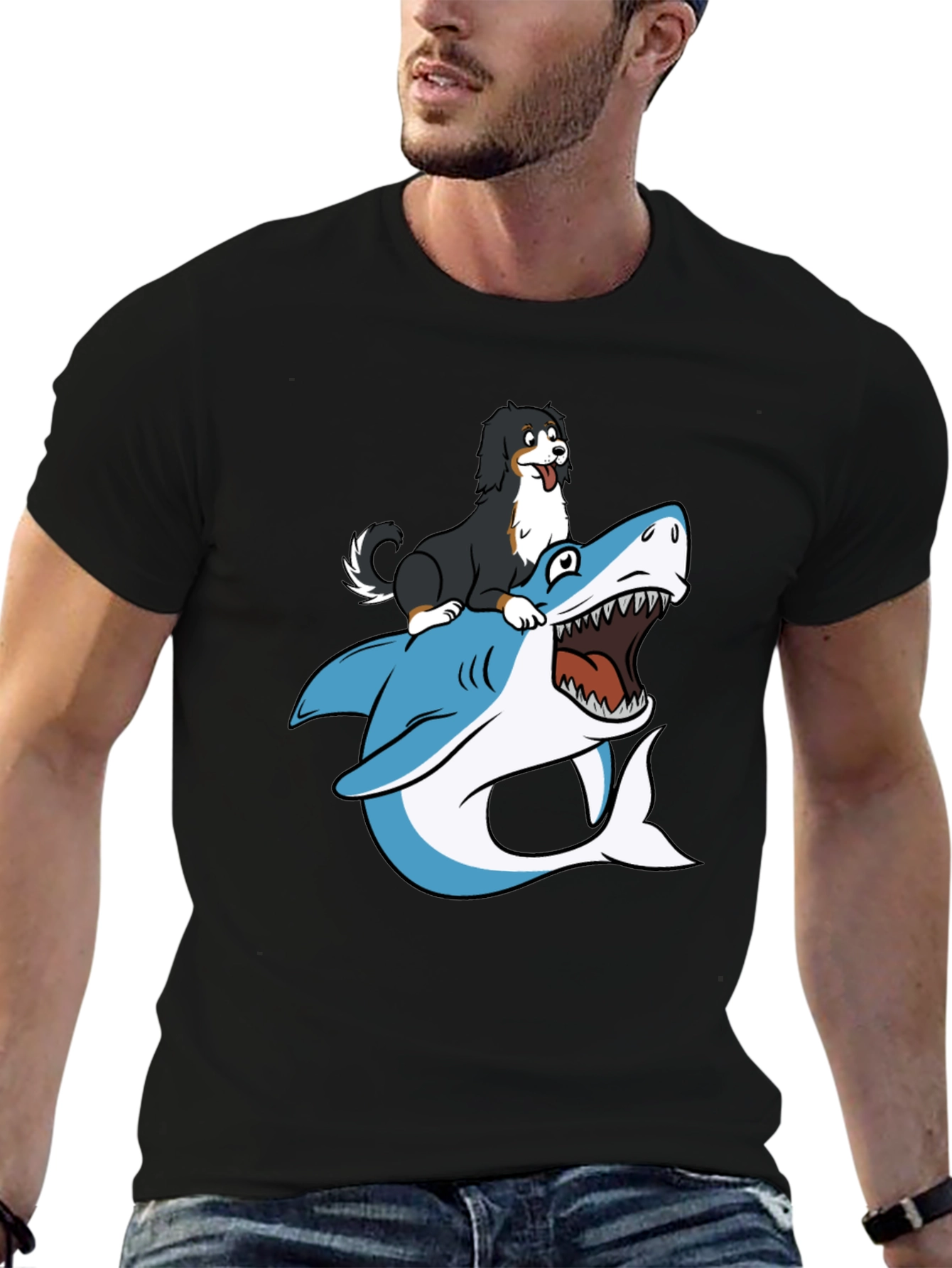 Black Dog Riding Shark T-Shirt - Black view 6