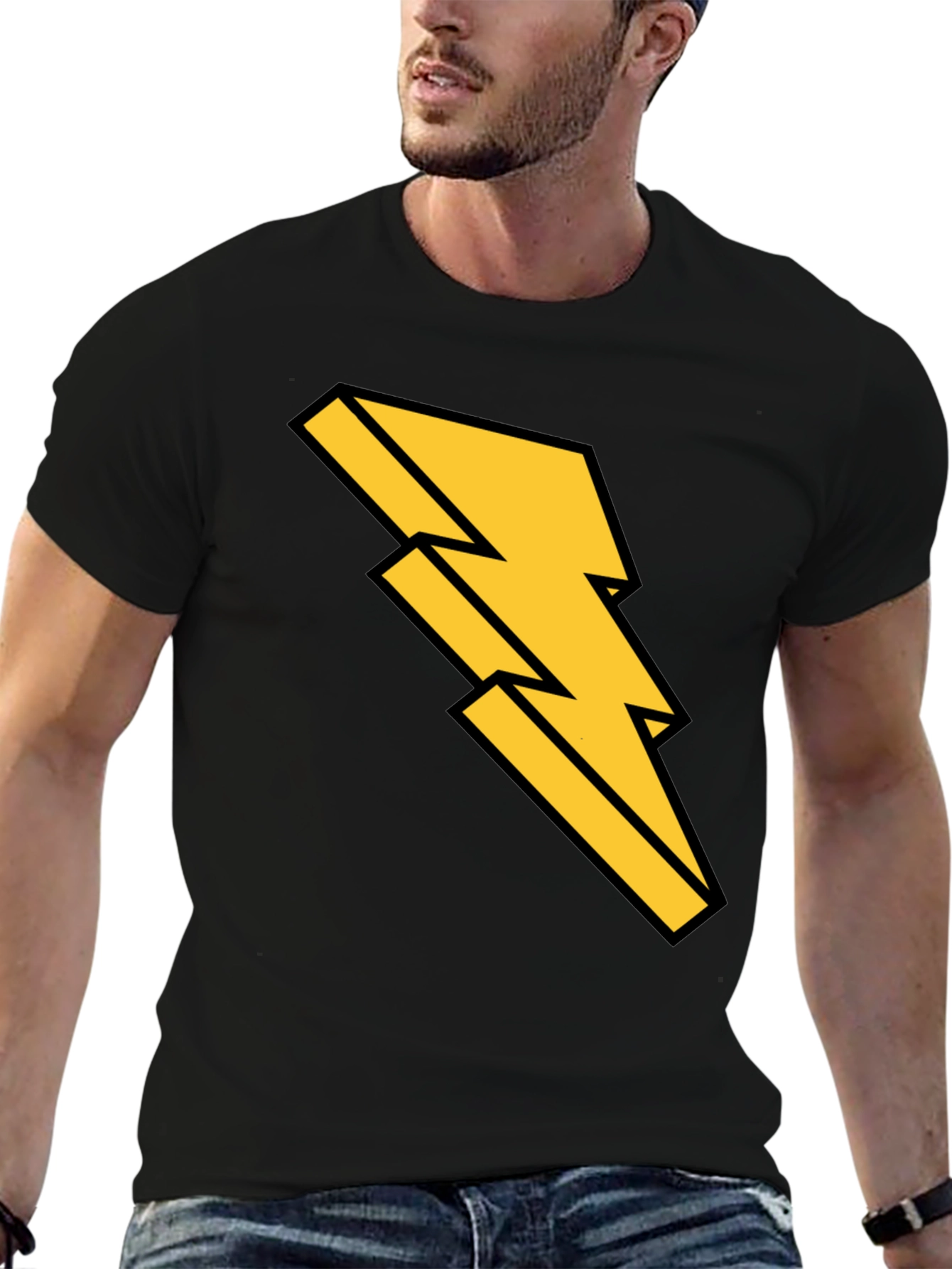 Black Black T-Shirt with Bold Lightning Bolt Design view 6