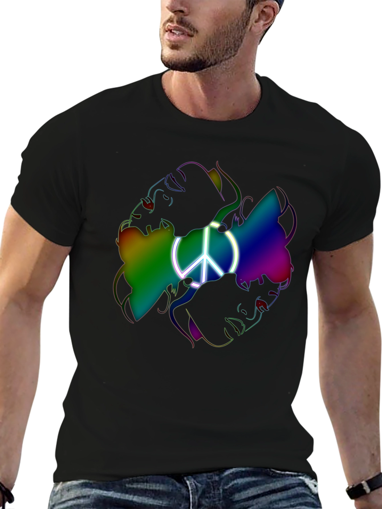 Black Peace Sign Rainbow Faces Graphic T-Shirt view 6