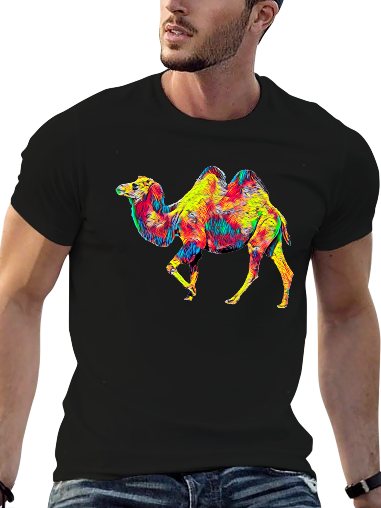 Black Colorful Camel Graphic T-Shirt - Unique Animal Print view 6