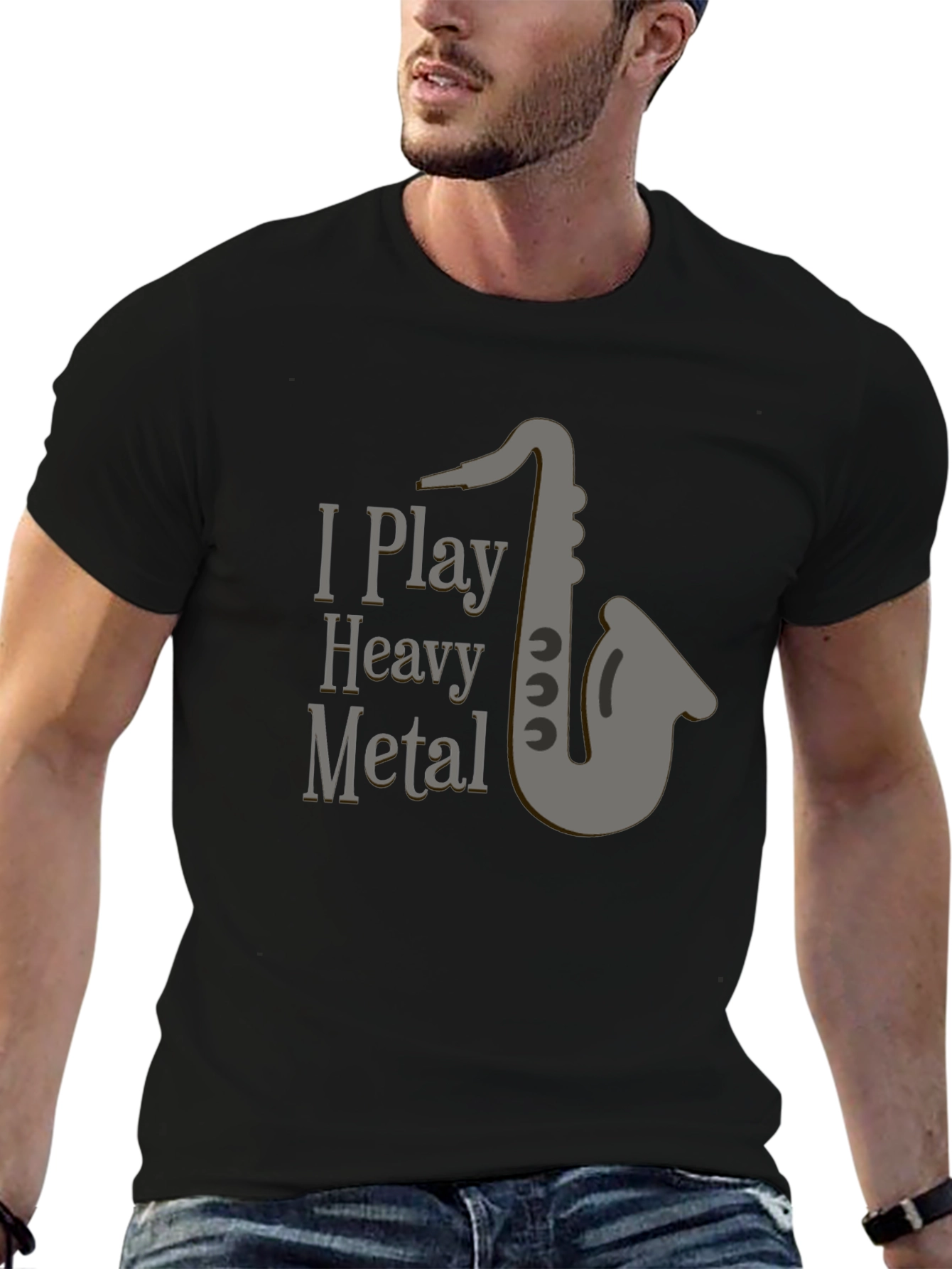 Black I Play Heavy Metal T-Shirt - Saxophone Design view 6