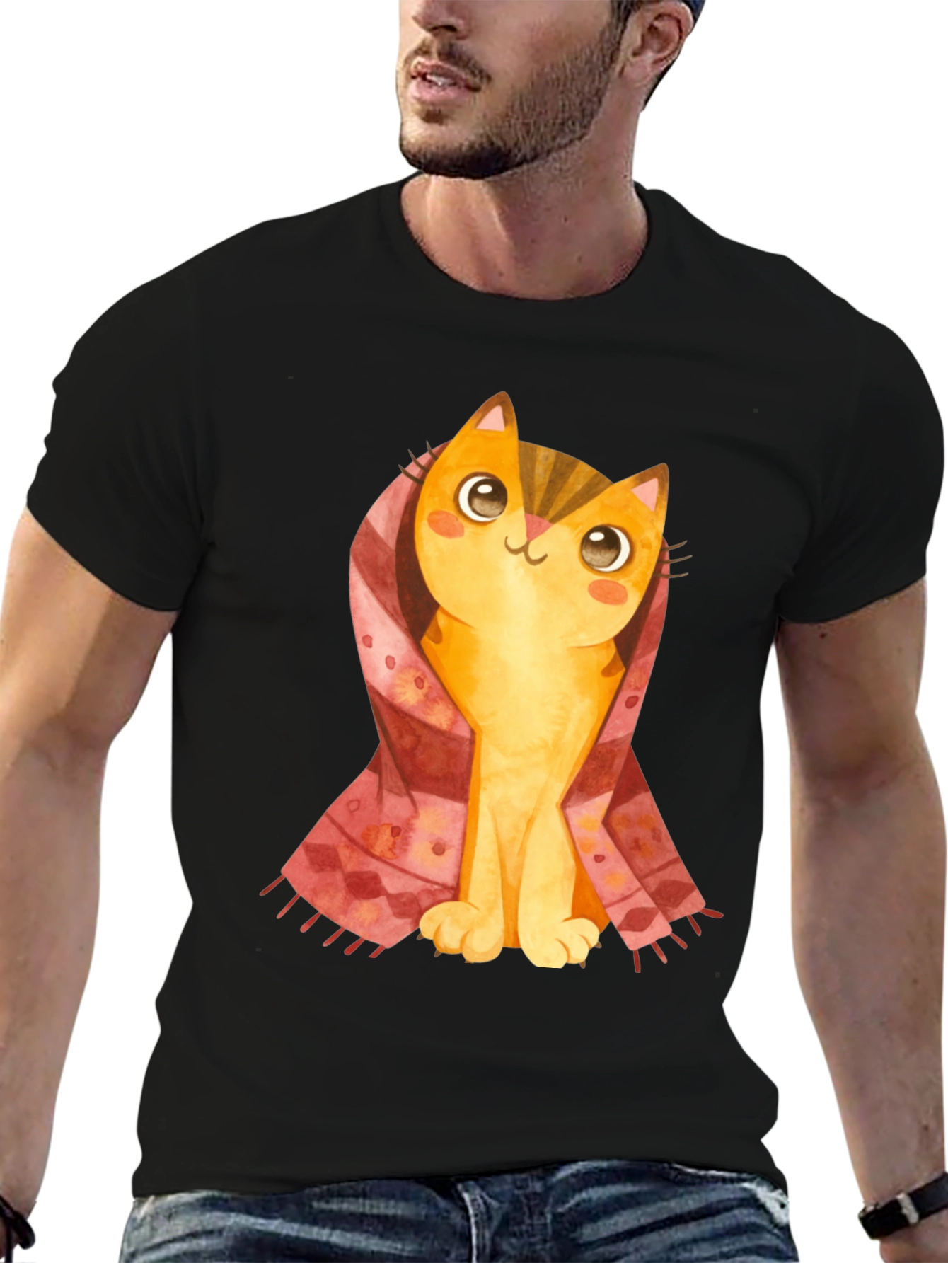Black Cute Cartoon Cat in Scarf Black T-Shirt view 6