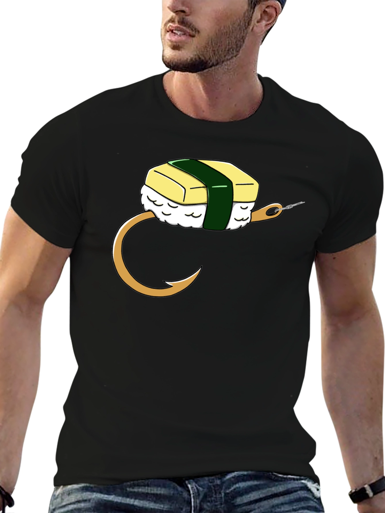 Black Sushi Bait T-Shirt: Funny Fishing Tee for Sushi Lovers view 6