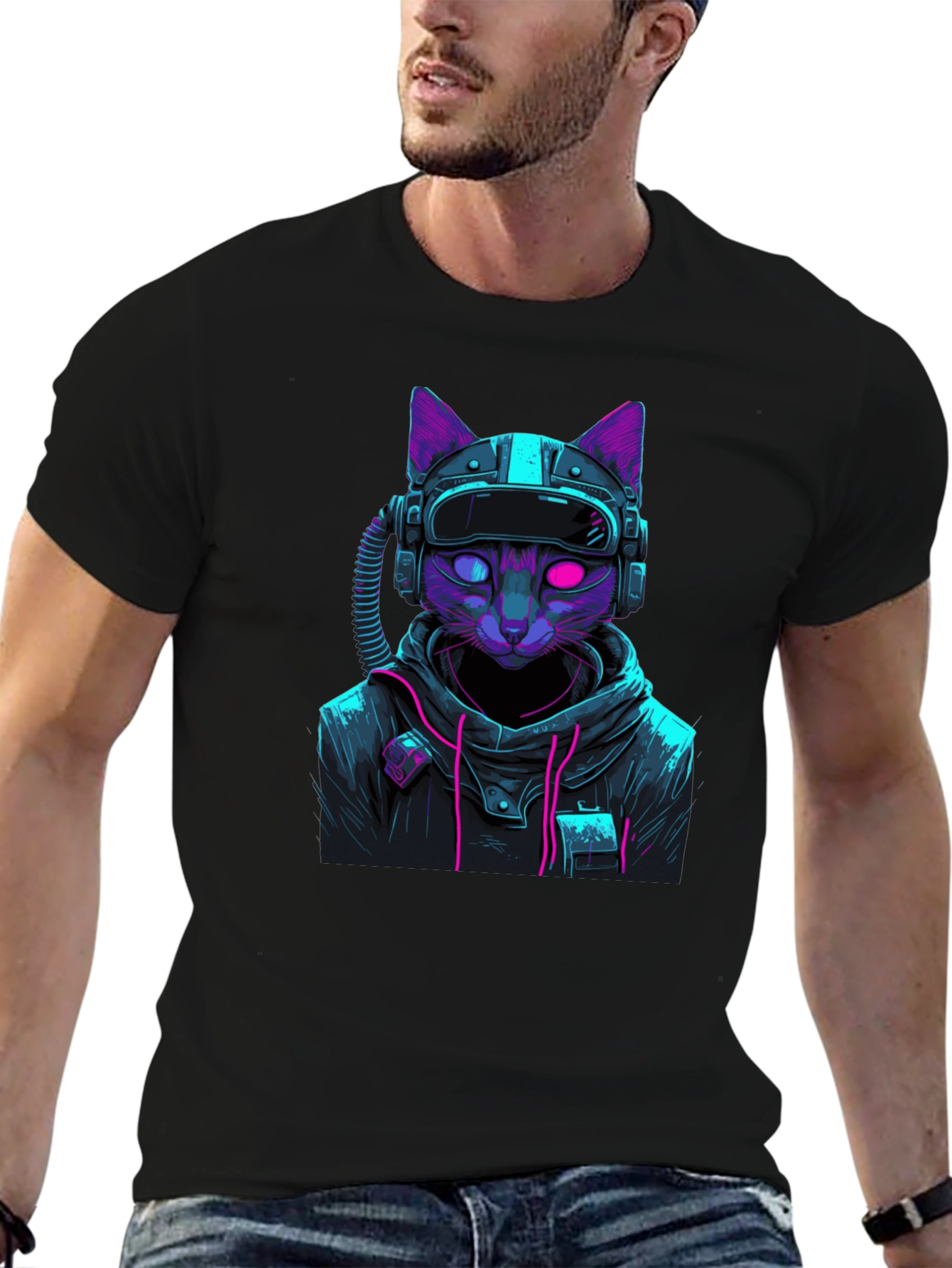 Black Cyberpunk Cat T-Shirt - Futuristic Style view 6