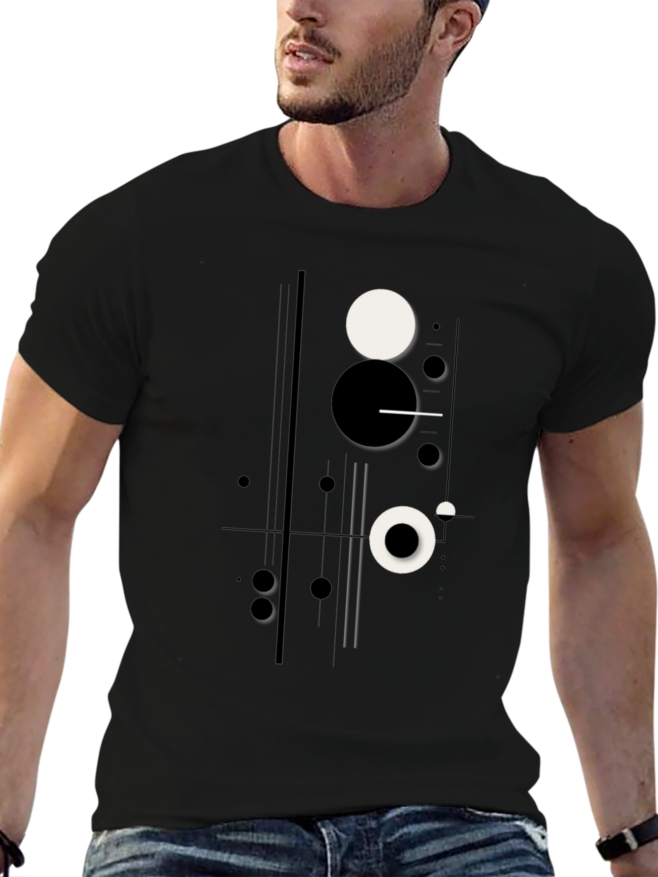 Black Abstract Geometric Circle Print Black T-Shirt view 6