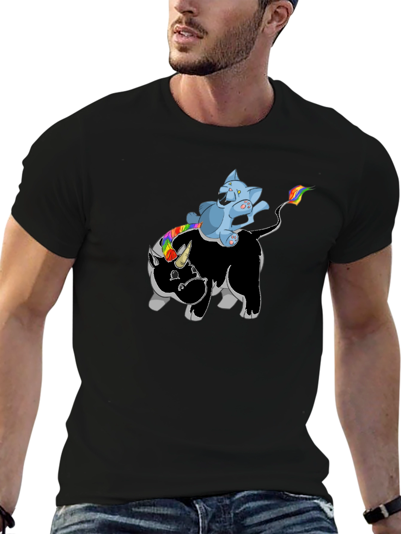Black Unicorn Rhino Cat Rider T-Shirt - Black view 6