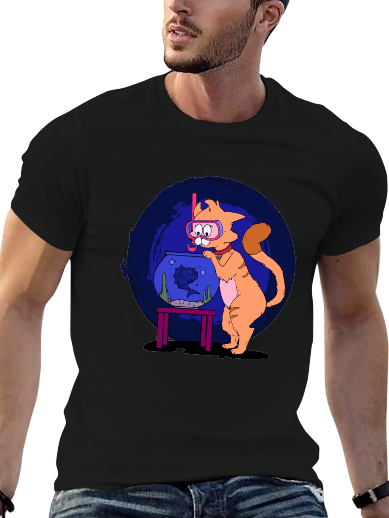 Black Cartoon Cat Snorkeling T-Shirt view 6