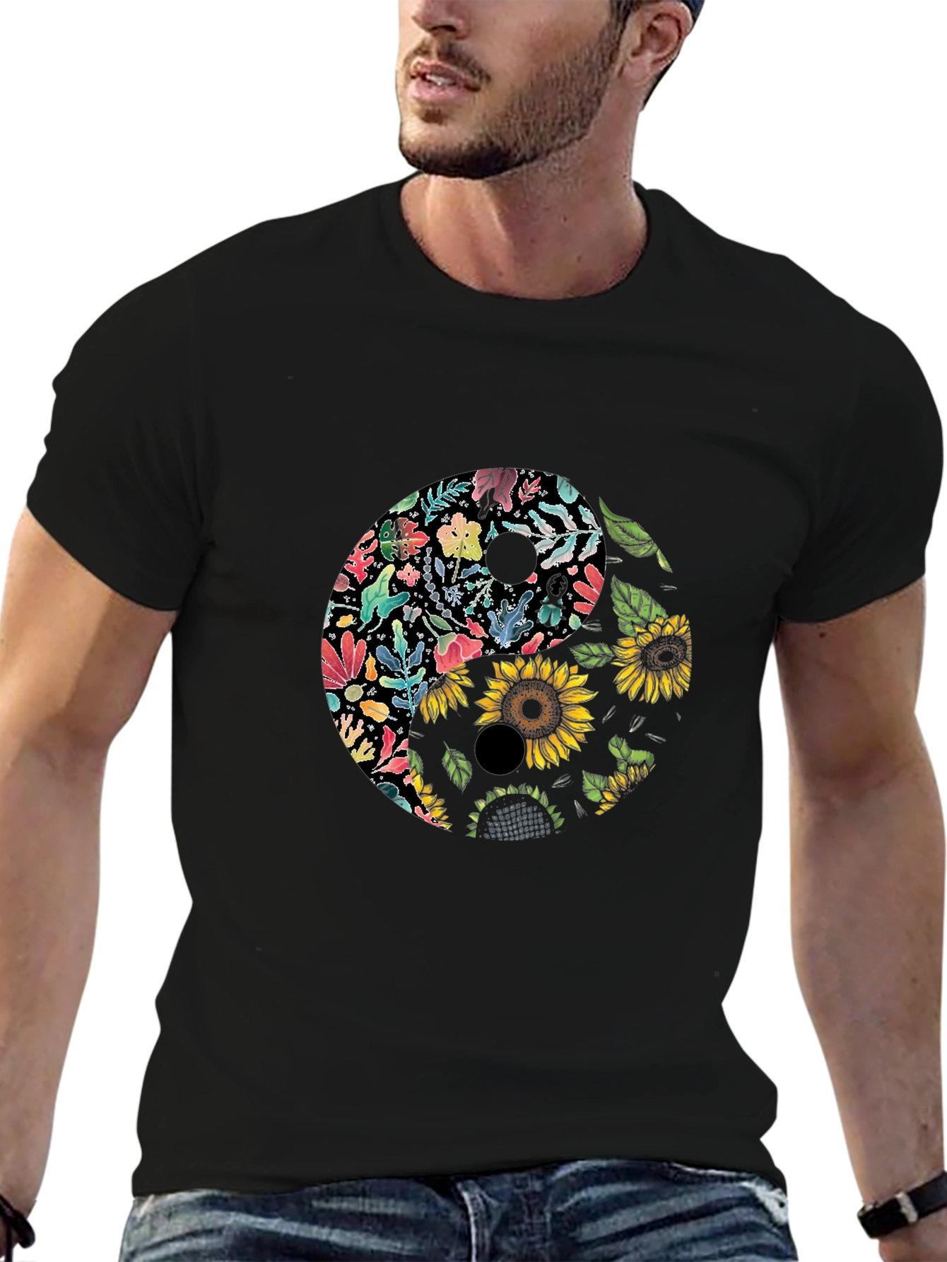 Black Floral Yin Yang Graphic Tee - Black view 6