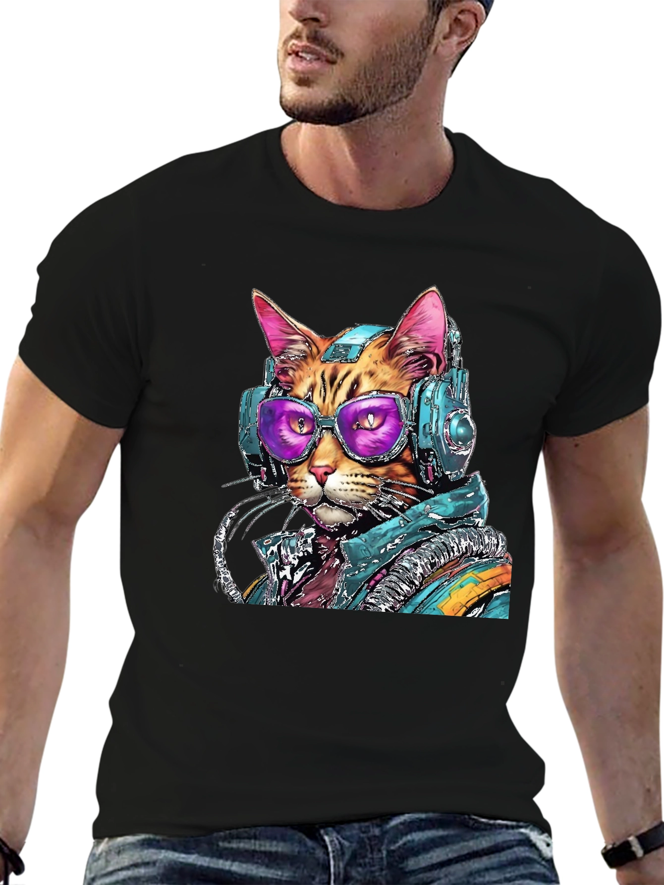 Black Cool Cat DJ Graphic Tee - Black Cotton Comfort view 6
